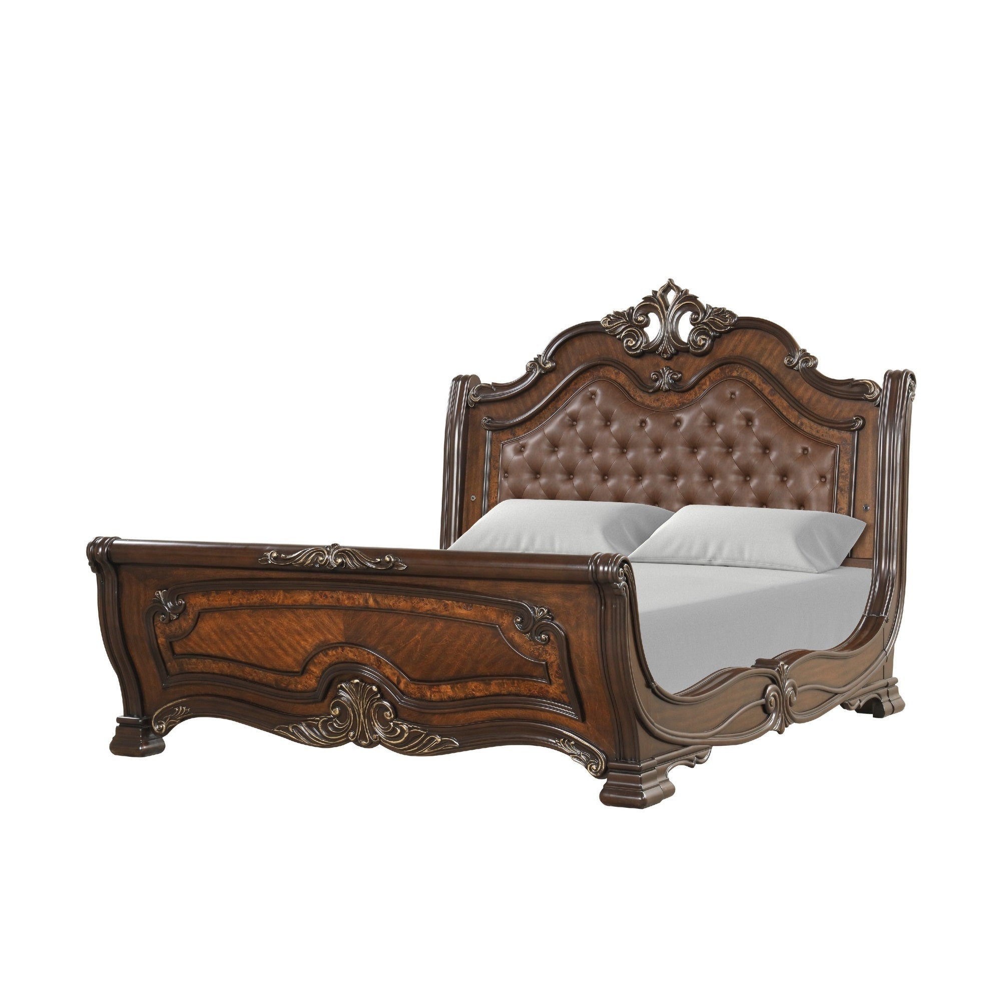 Ruth Queen Bed, Faux Leather Headboard with Burl Inlays, Mahogany Brown