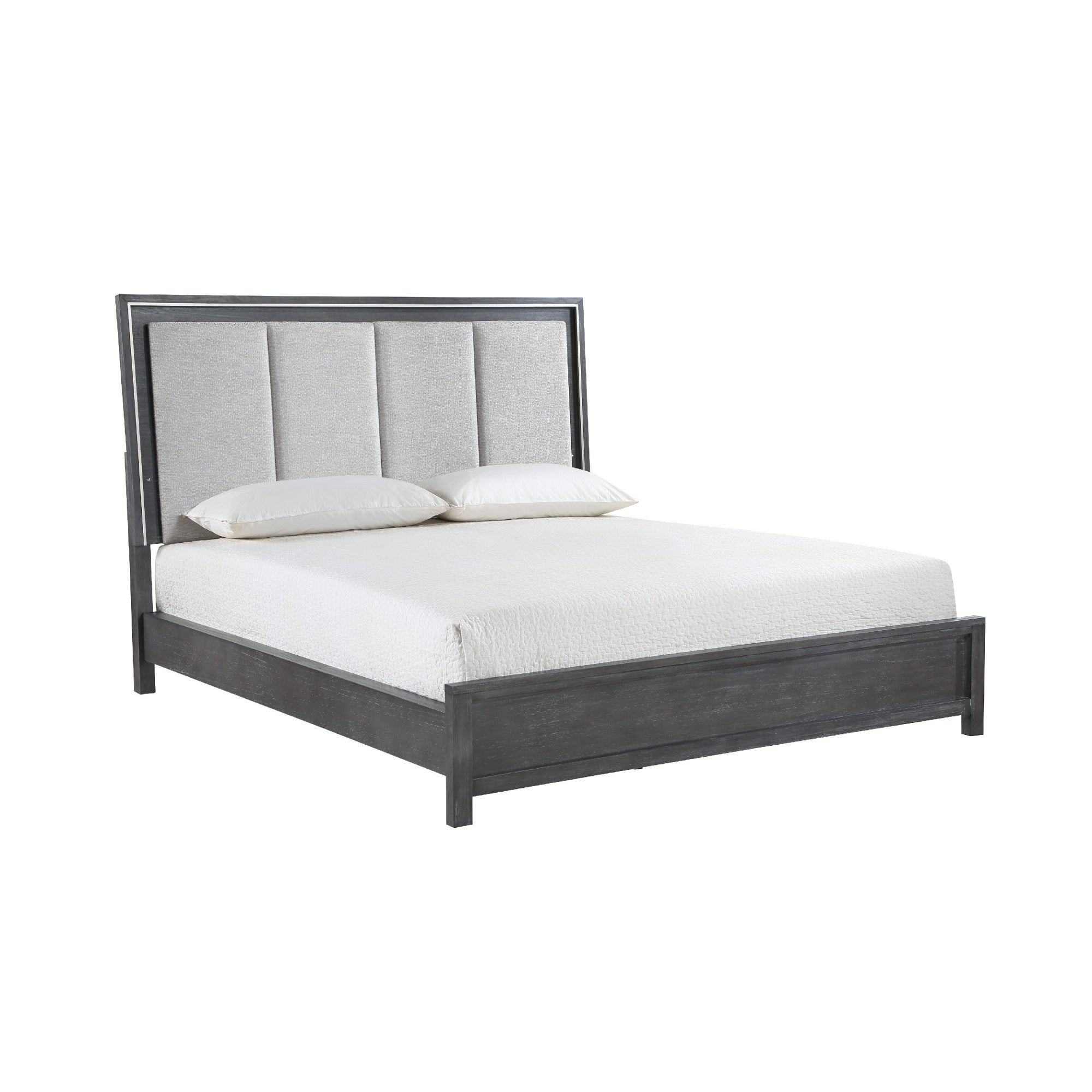 Odiy King Size Bed, Vertical Padded Gray Upholstery, LED Headboard