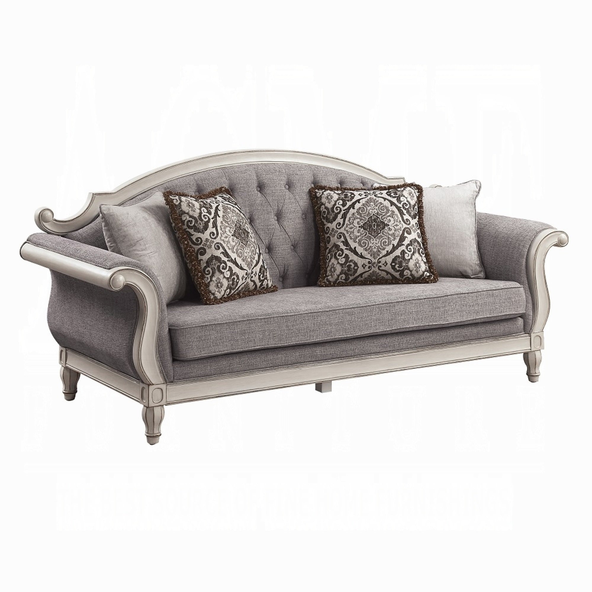 Fil Classic Sofa with 4 Pillow, Button Tufting, Antique White Trim 88 Inch