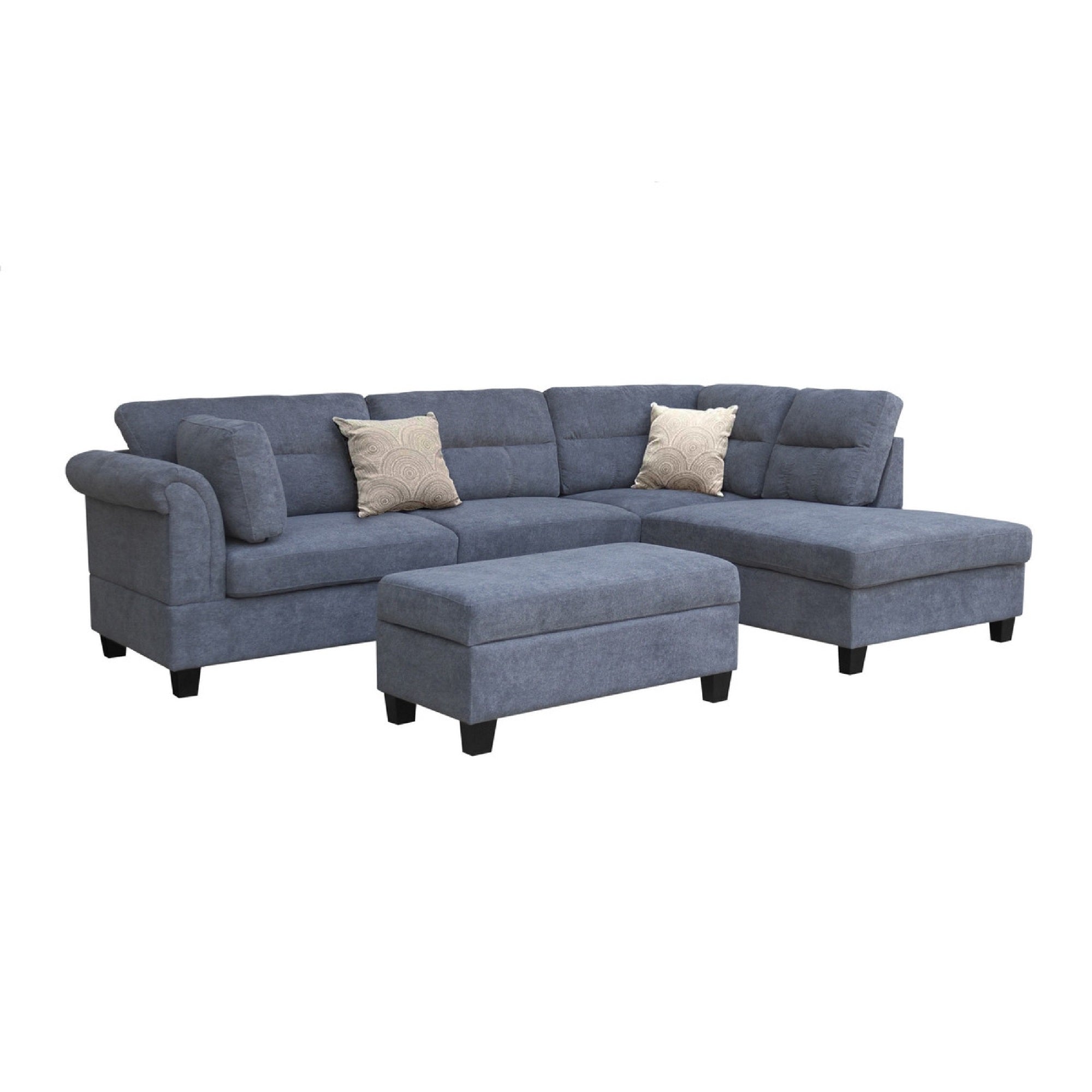 Ari 100 Inch Sectional Sofa Set w Storage Ottoman, Tufted Back, 2 Pillows, Gray