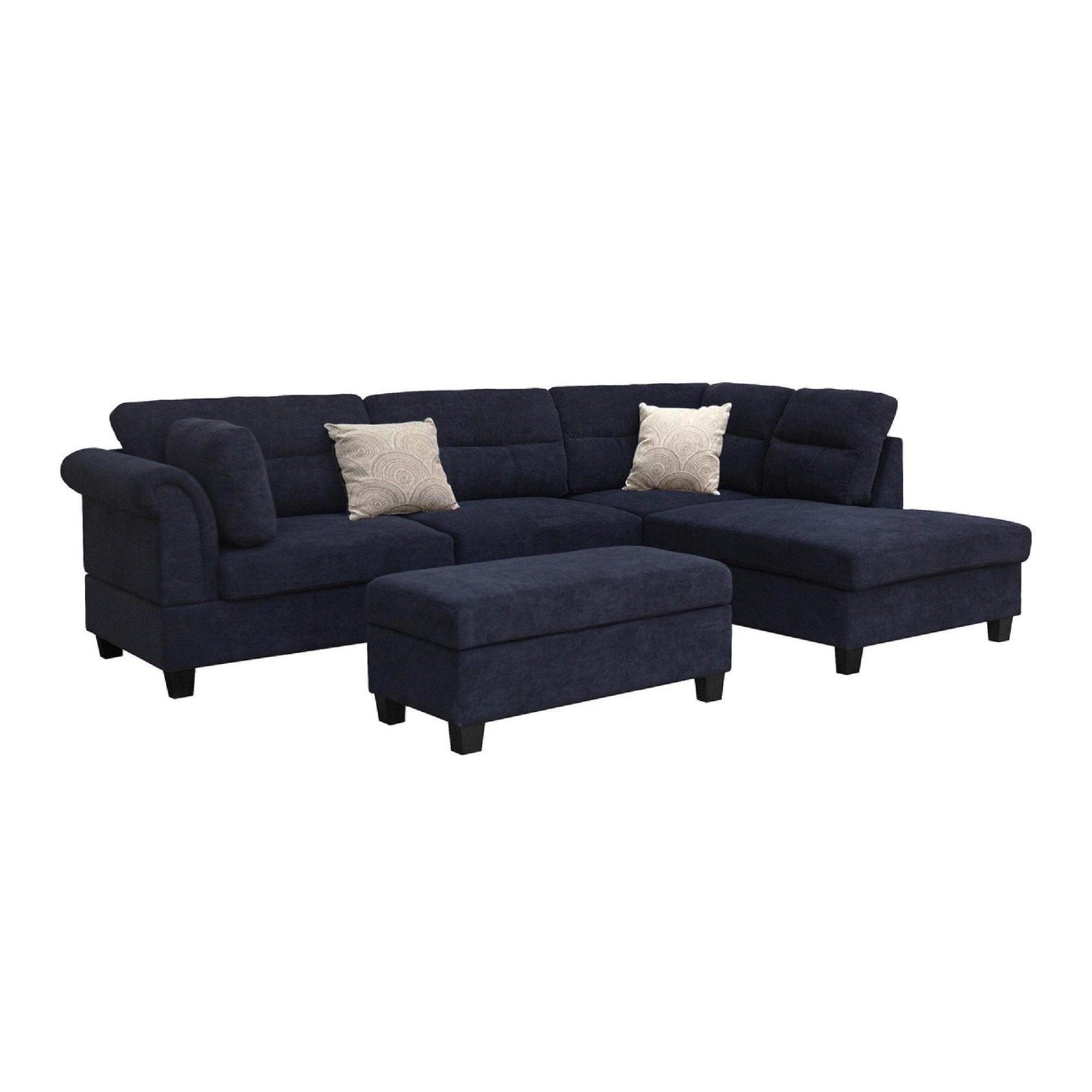 Ari 100 Inch Sectional Sofa Set w Storage Ottoman, Black Tufted, 2 Pillows