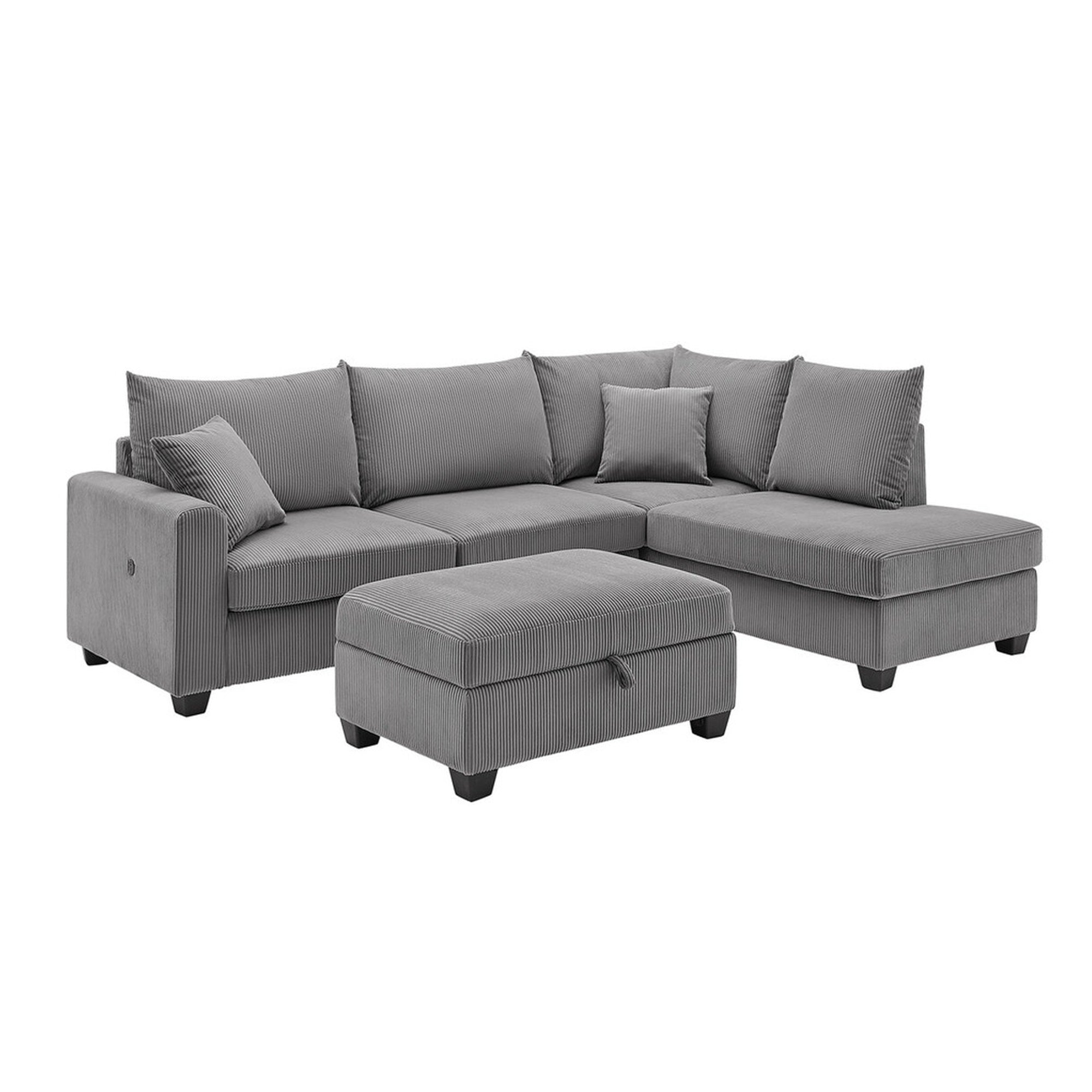 Roe 107 Inch Sectional Sofa Set w Storage Ottoman, Pillows, Dark Gray Corduroy