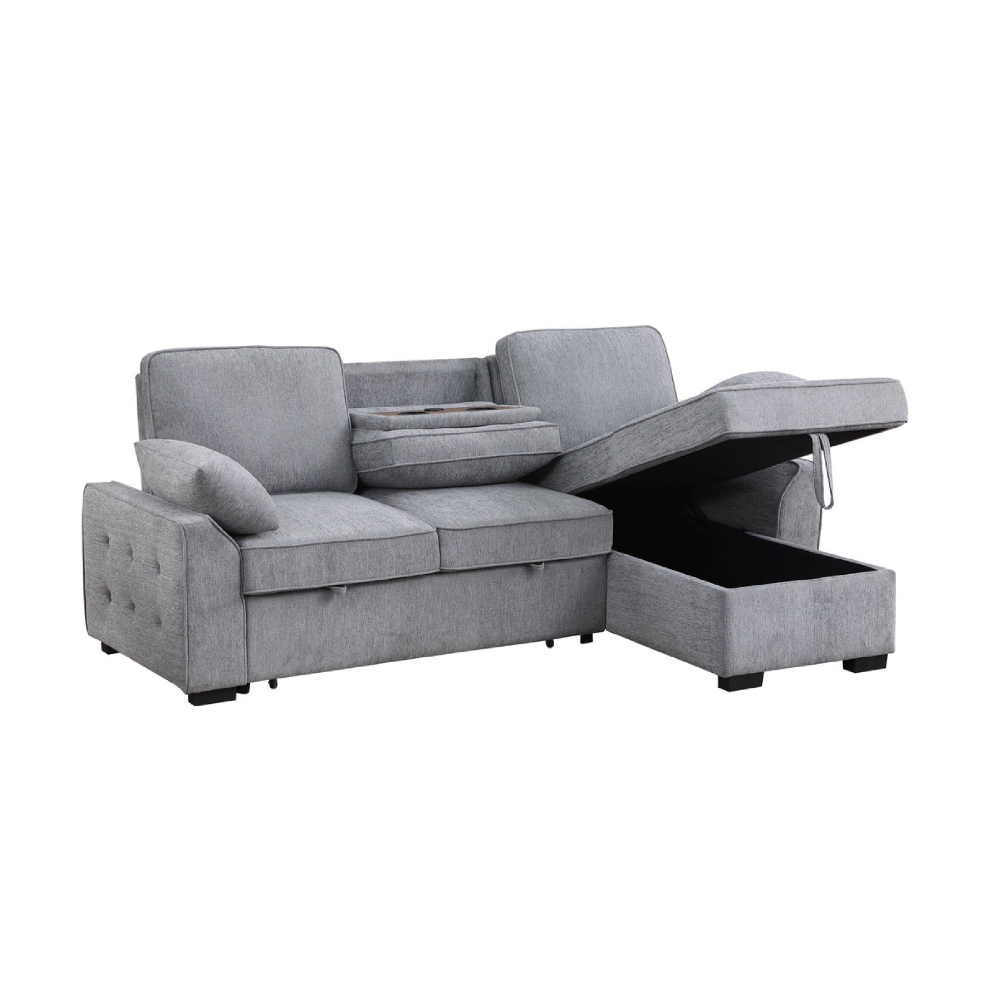 Ken 91in Sleeper Sectional Sofa w Storage Chaise,  USB, Light Gray Chenille