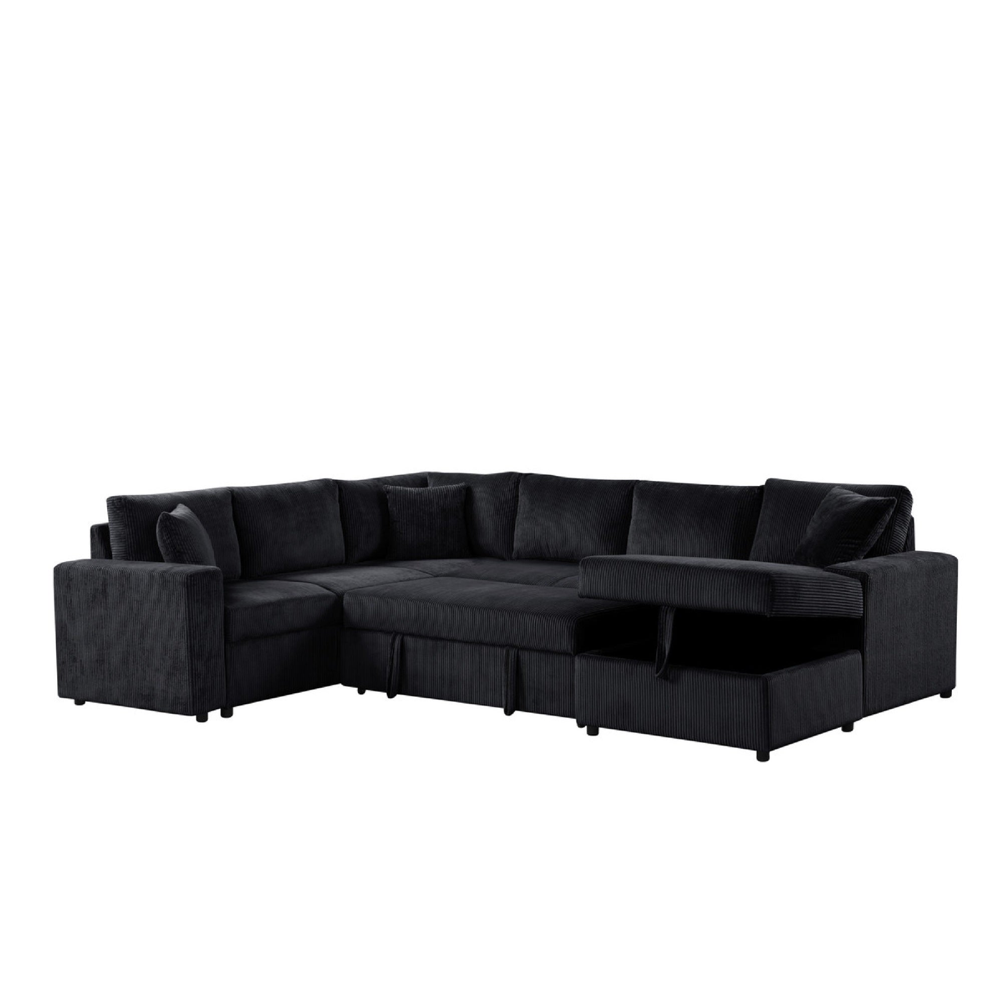 Xely Sleeper Sectional Sofa, Storage Chaise, 3 Pillows, Black Corduroy 123 Inch