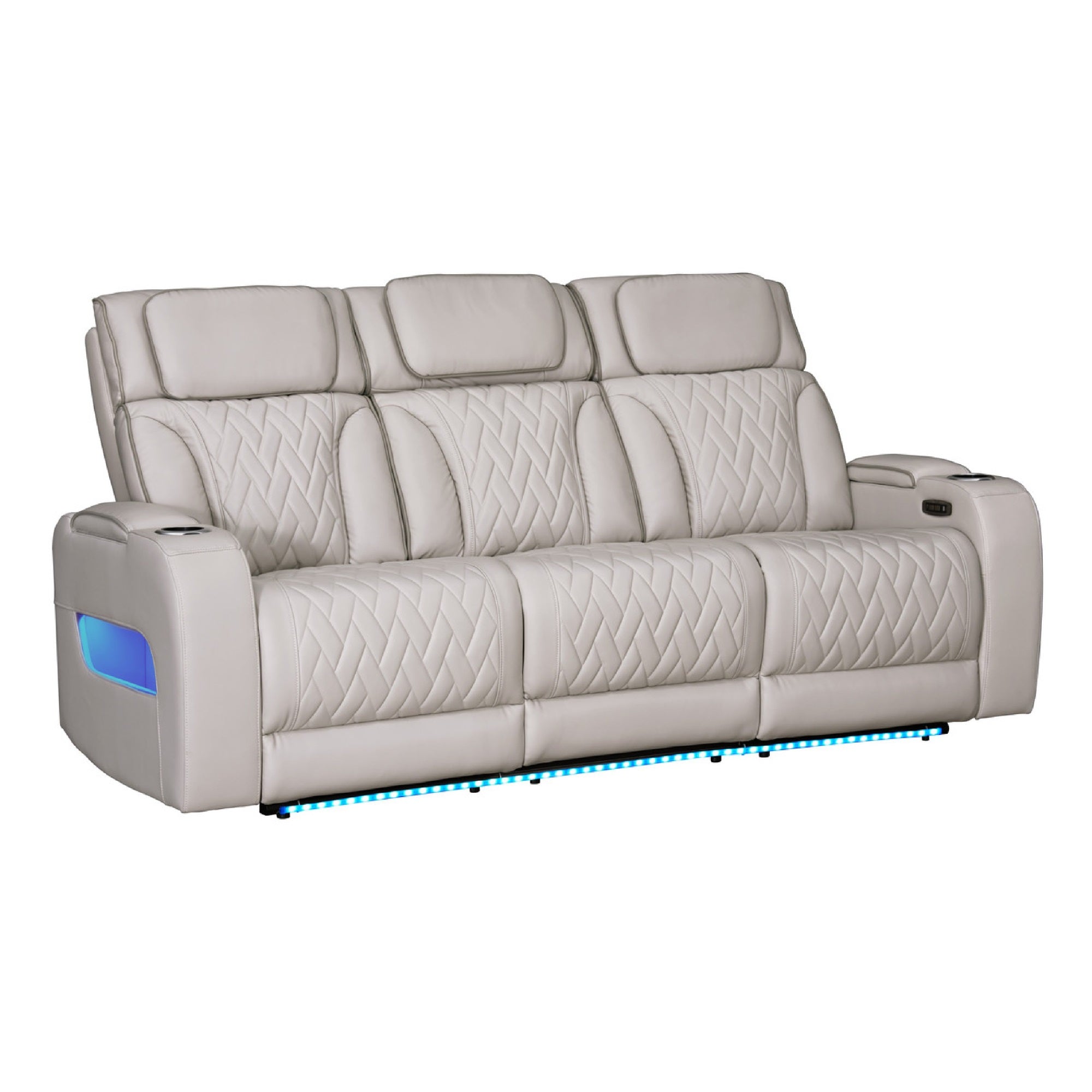 Jasi Power Reclining Sofa with Cupholders, LED, White Leather Aire 84 Inch