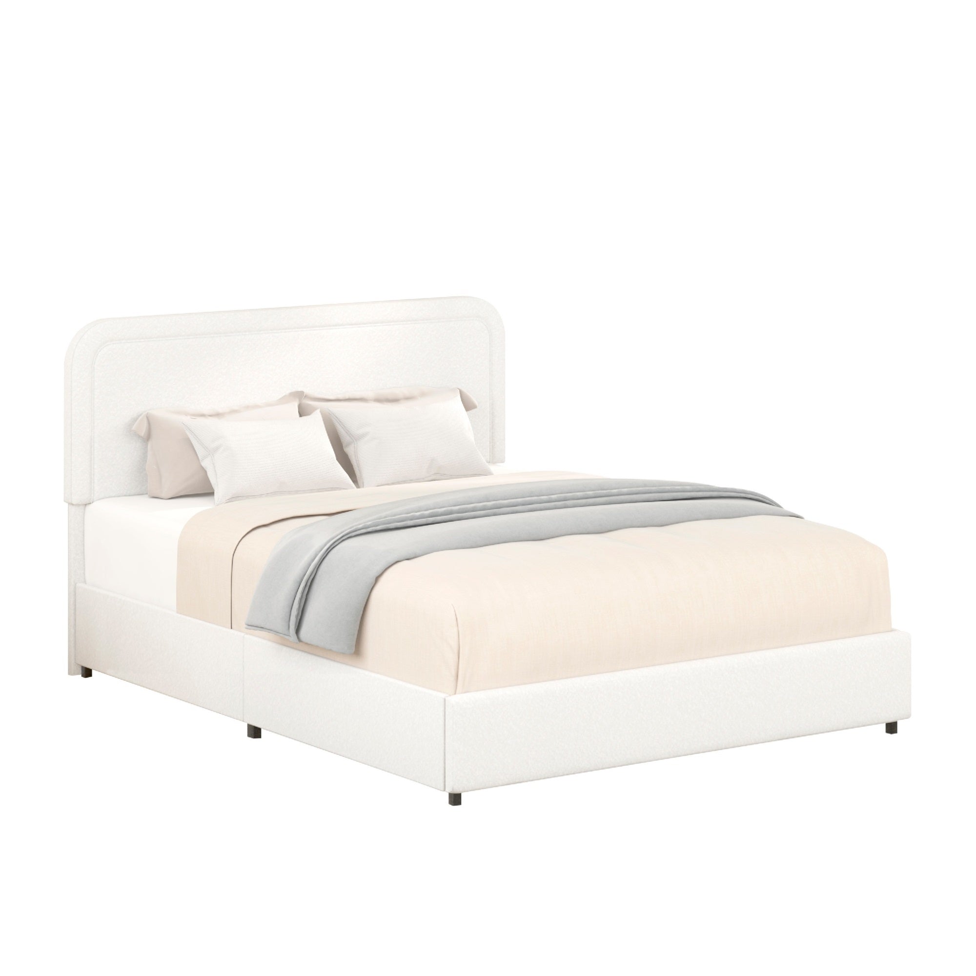 Lez Queen Size Platform Bed with 2 Storage Drawers, Ivory Boucle Upholstery