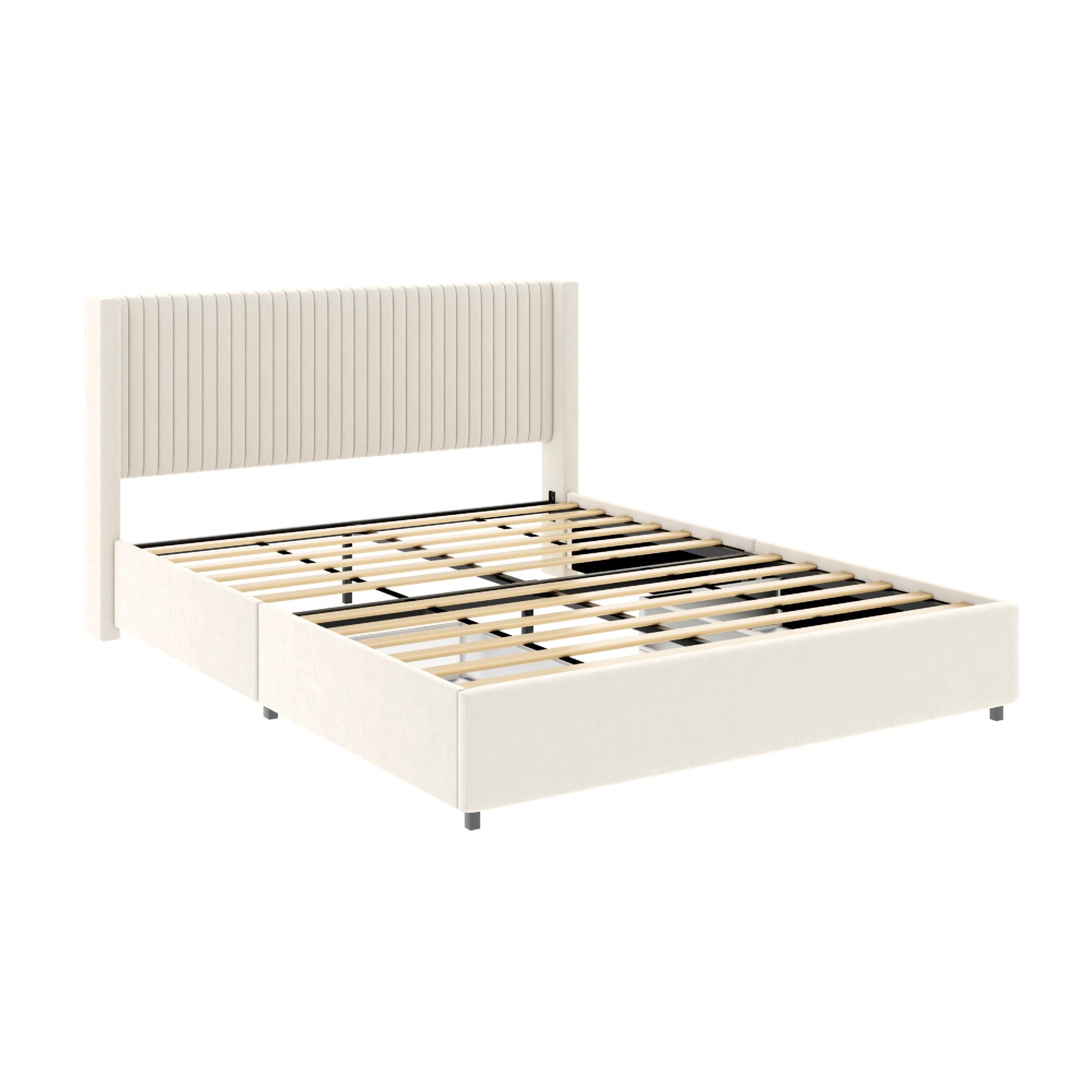 Nia Queen Bed, 2 Storage Drawers, Wingback Tufted Ivory Velvet Headboard