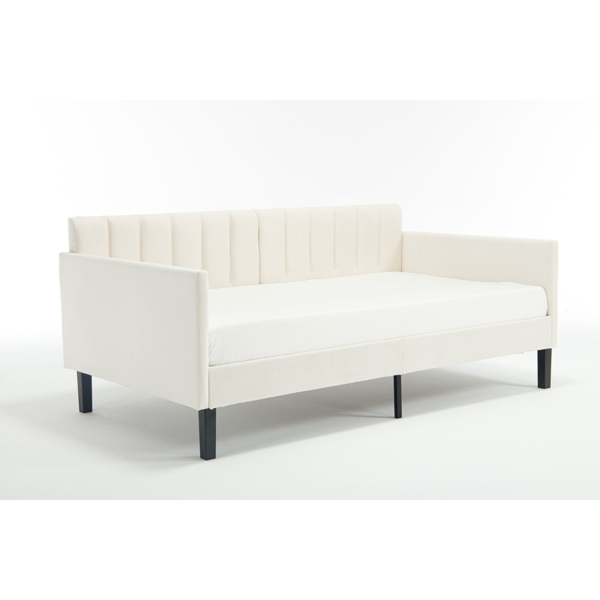 Ely Twin Size Daybed with Tufted Backrest, Ribbed Beige Velvet Upholstery
