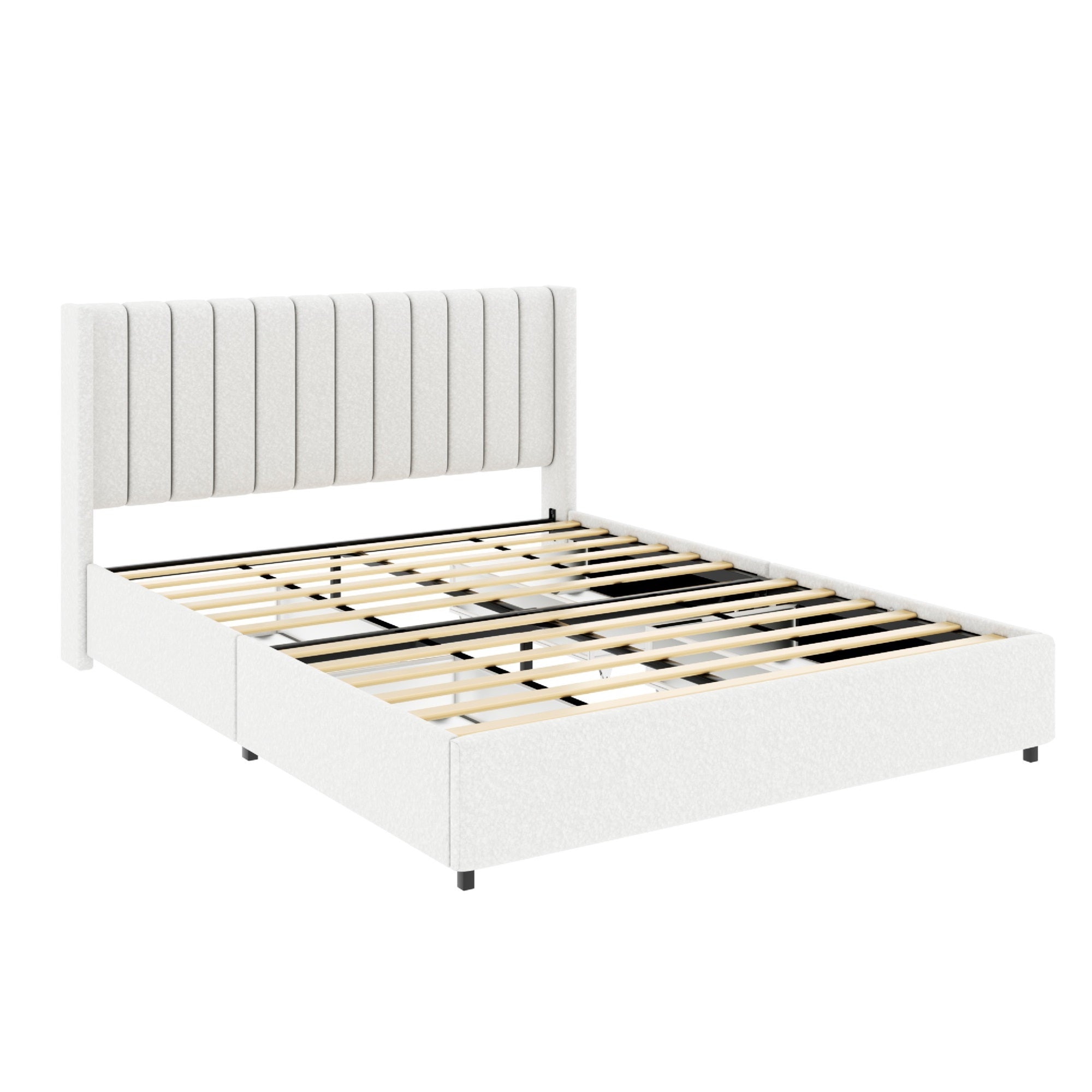 Deny Queen Storage Bed, 4 Drawers, Channel Tufted Ivory Boucle Upholstery