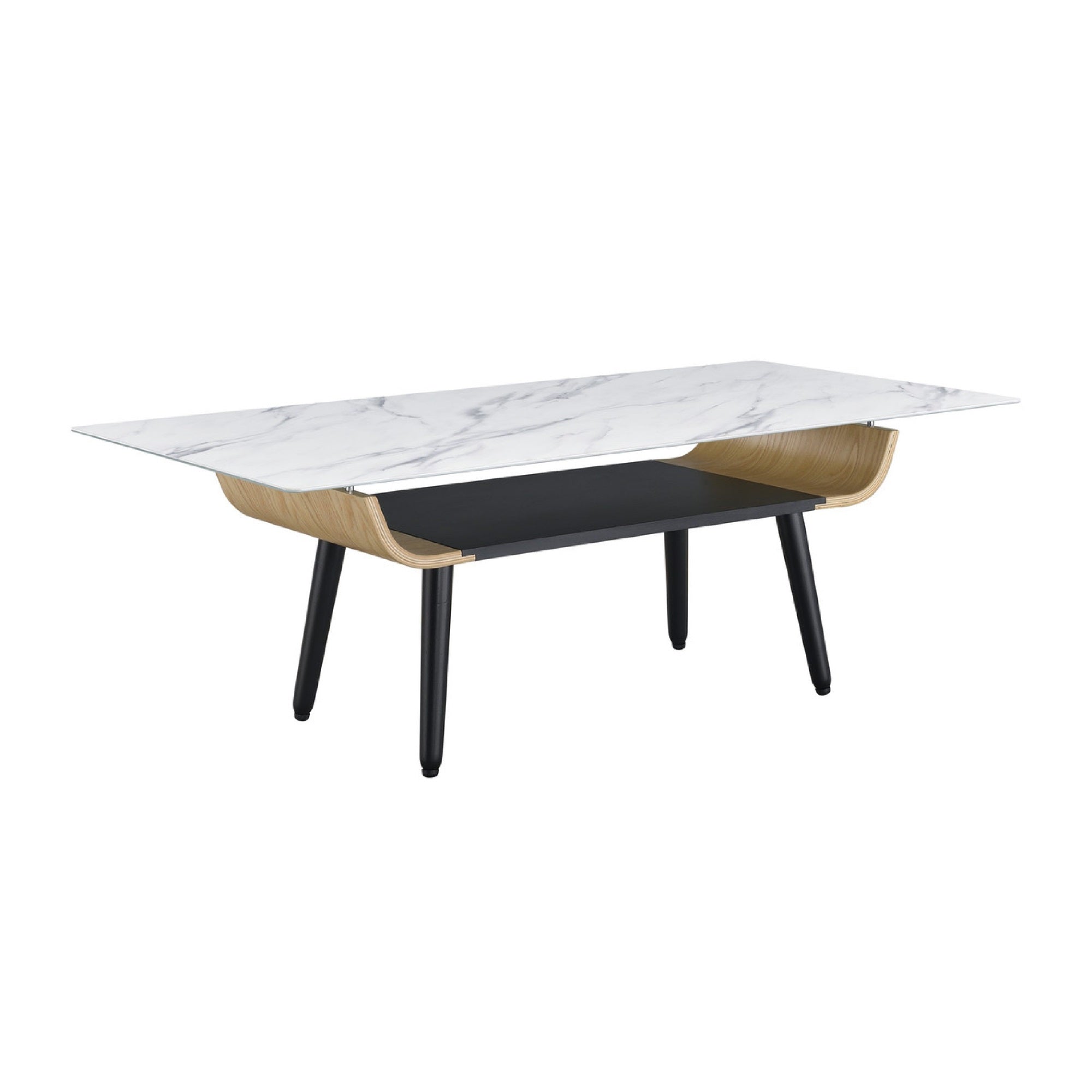 Nue Coffee Table, 47 Inch 3D Printed Glass Marble, Curved Shelf, White