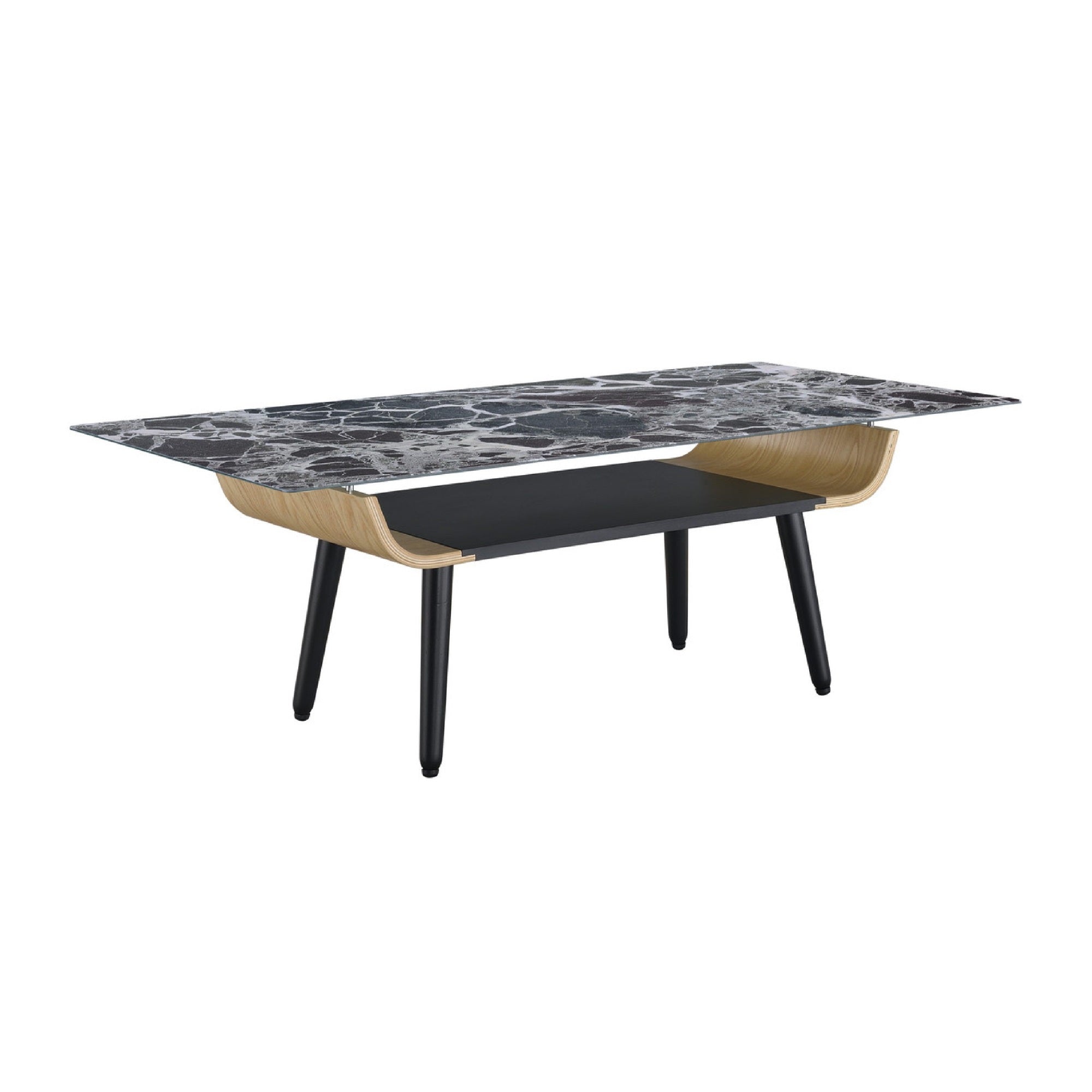 Nue Coffee Table, 47 Inch 3D Printed Glass Marble, Curved Shelf, Black