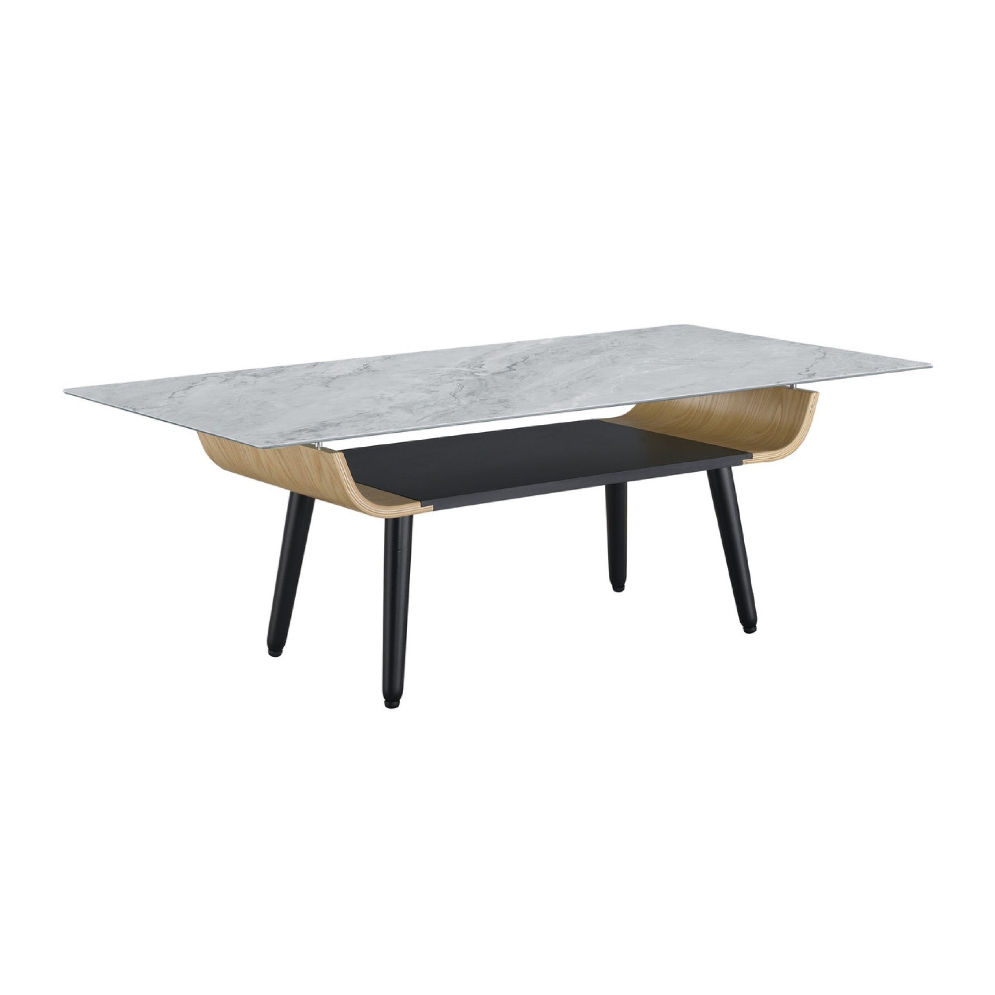 Nue Coffee Table, 47 Inch 3D Printed Glass Marble, Curved Shelf, Gray