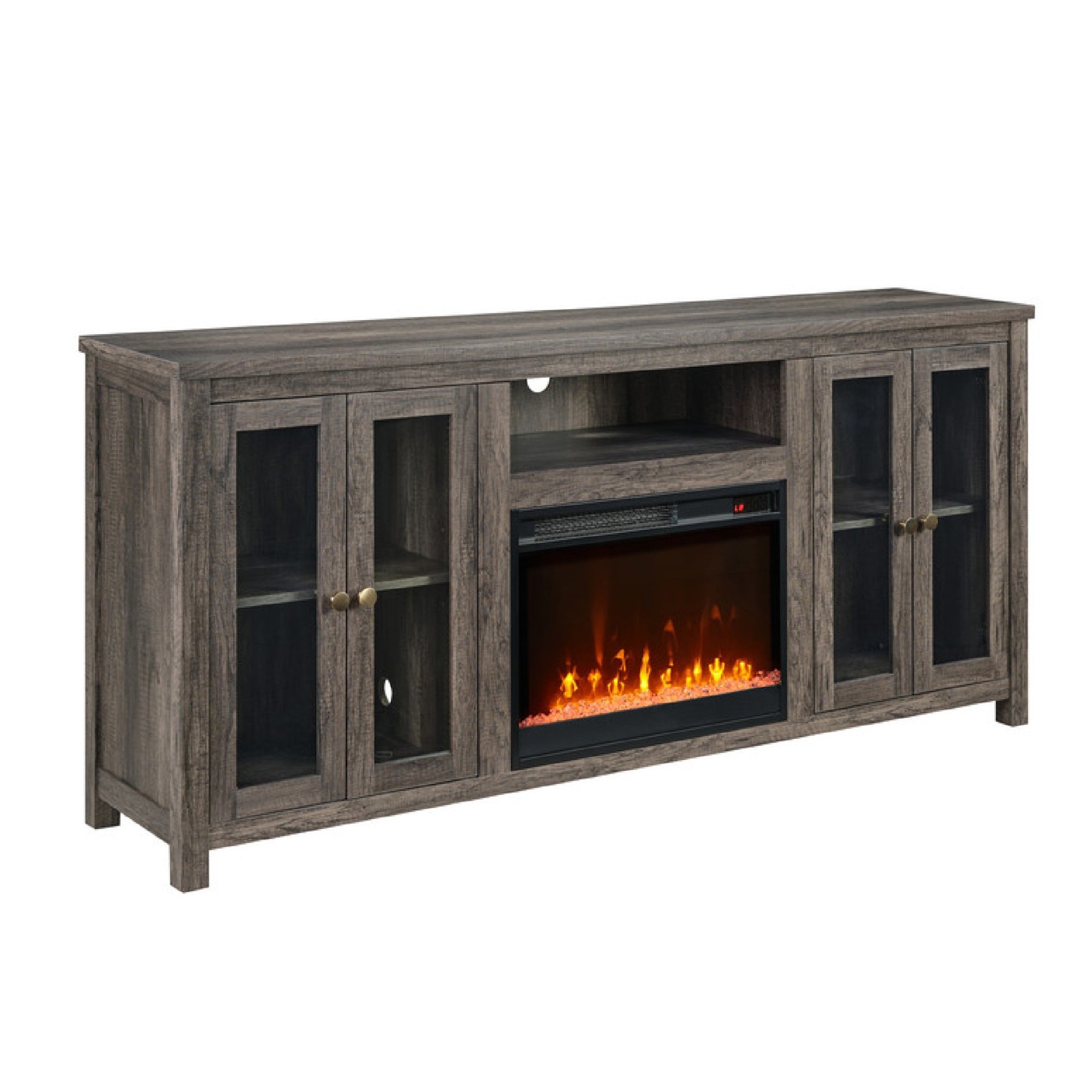 Tony Electric Fireplace TV Stand, Heater, Glass Doors, 70 Inch Walnut Gray