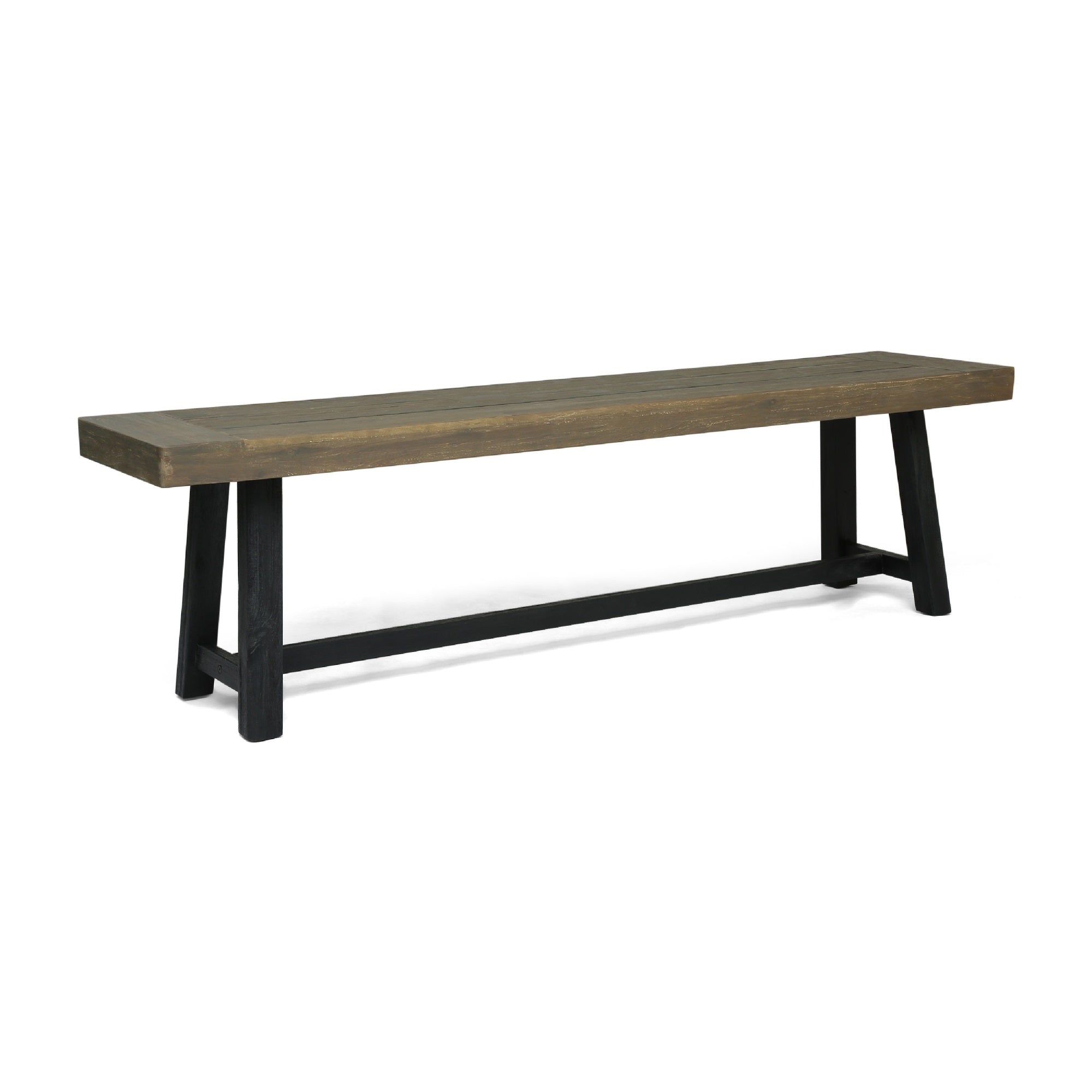 Outdoor Bench, 63 Inch Sandblasted Gray Wood Seat, Black Metal Legs