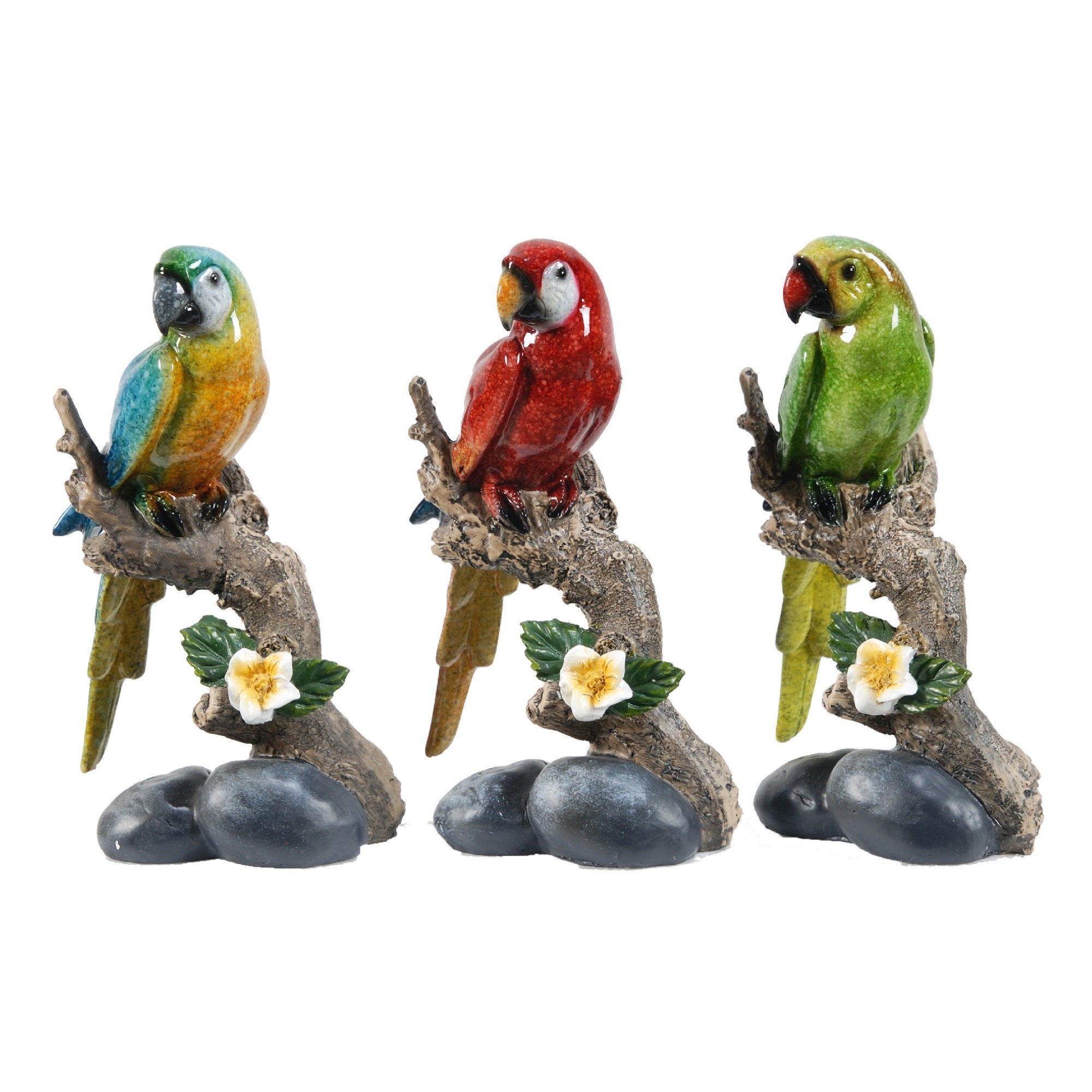 Tropical Bird Macaw Parrot on Branch Figurines, Green Red Blue , 3pc Set