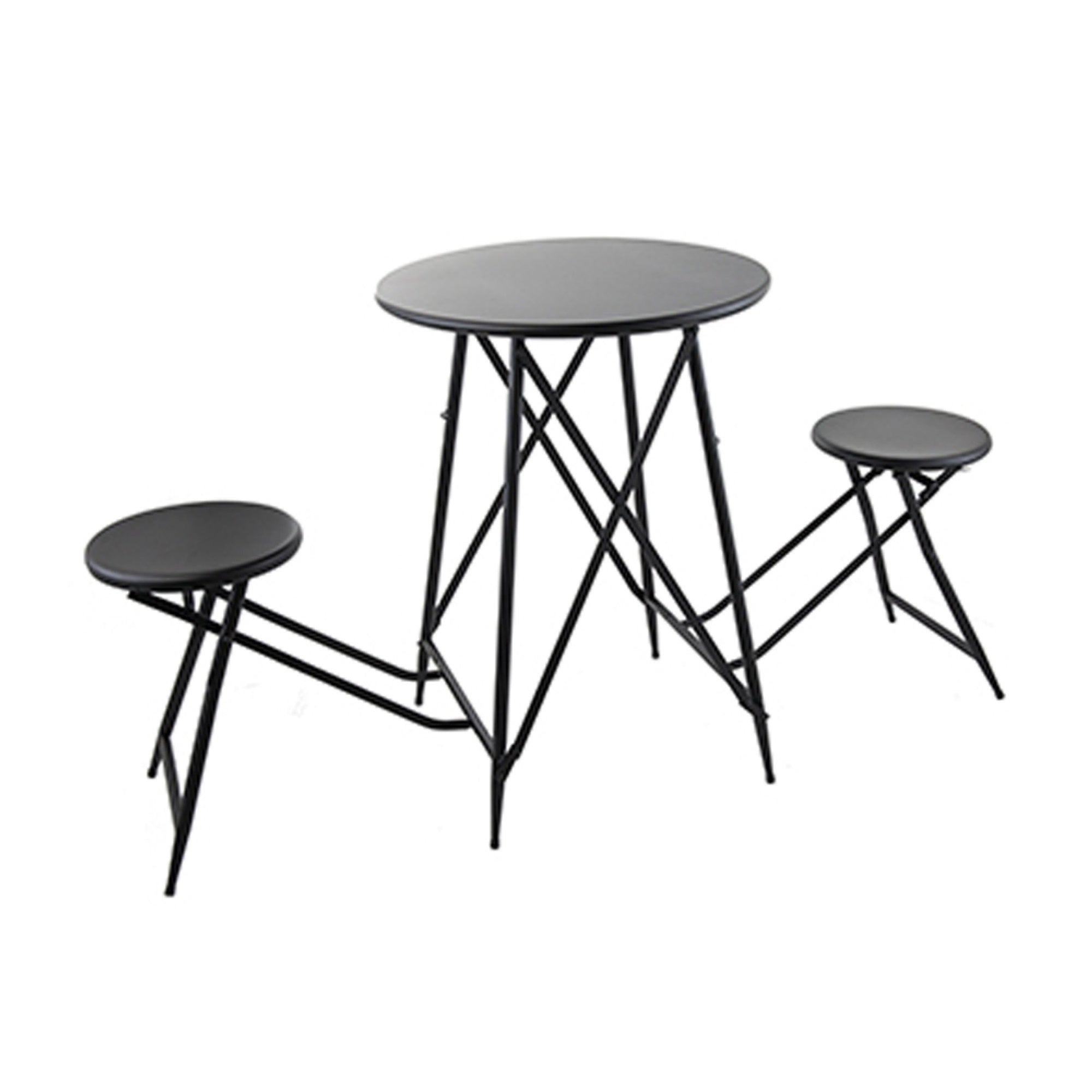 Stowable Folding Side Table, 2 Stool Set, Round Top, Black Iron Cross Base