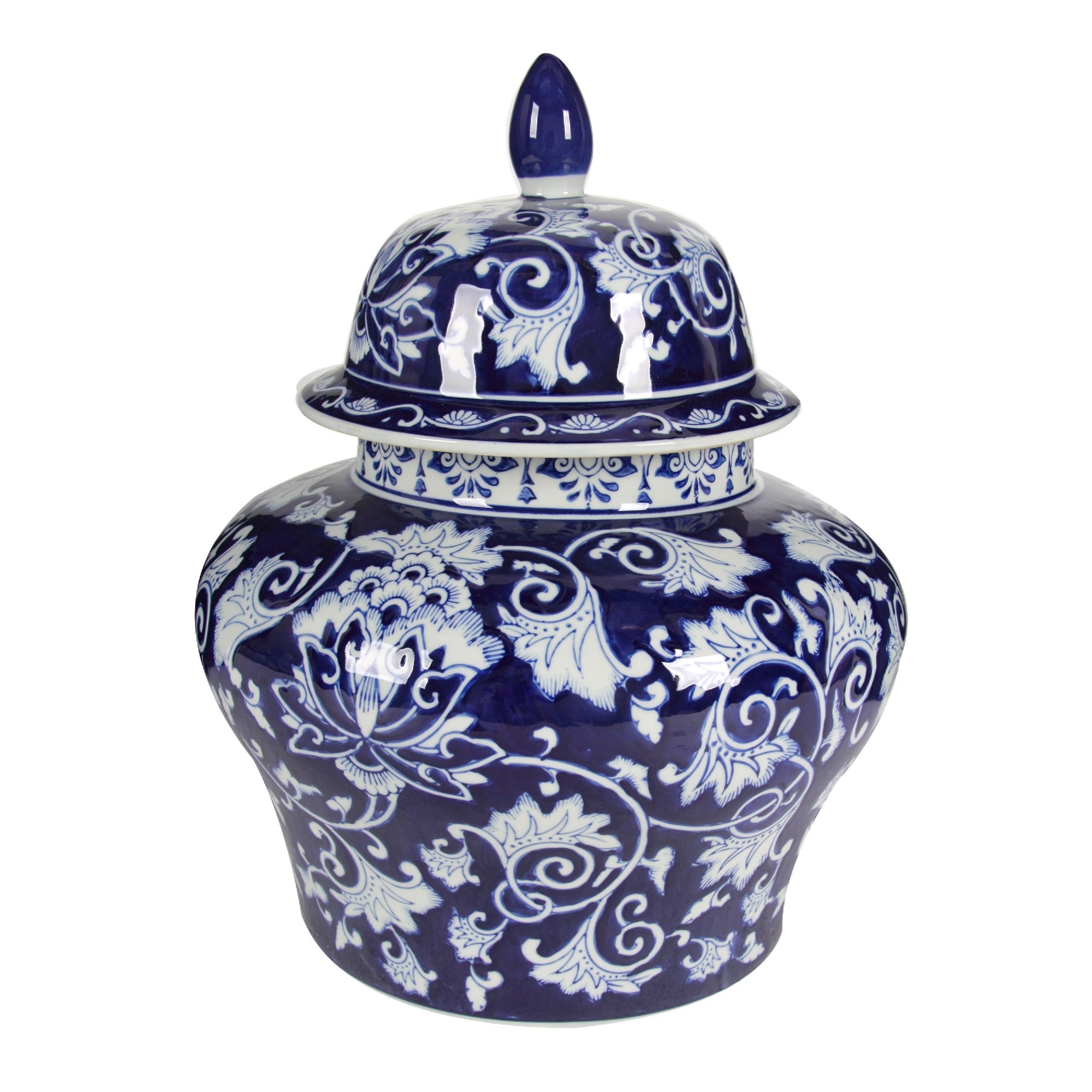 Lina Ginger Jar, Floral and Scroll Design, Blue and White Porcelain 17 Inch