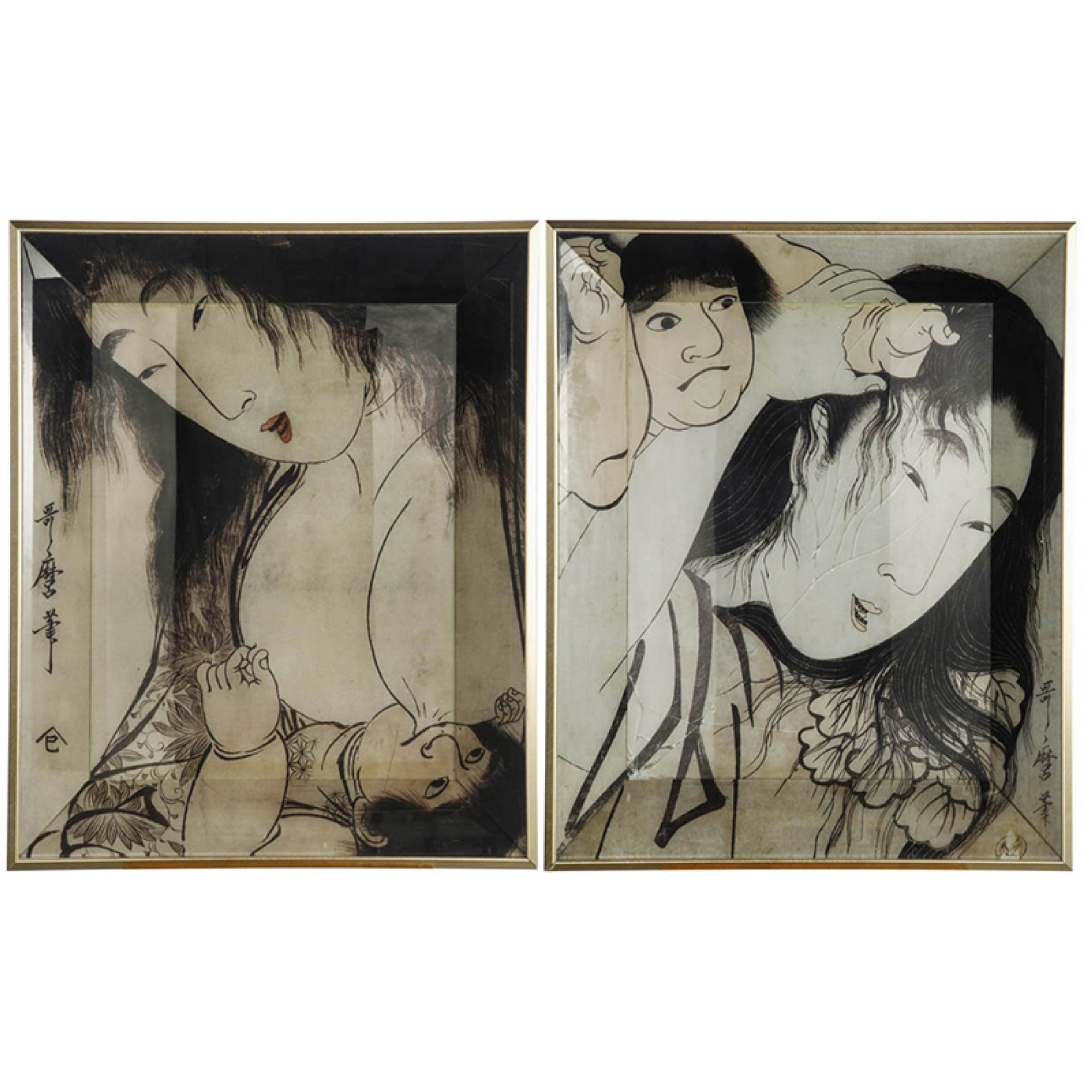 Decorative Serving Tray Set of 2, Japanese Black and White Glass Print