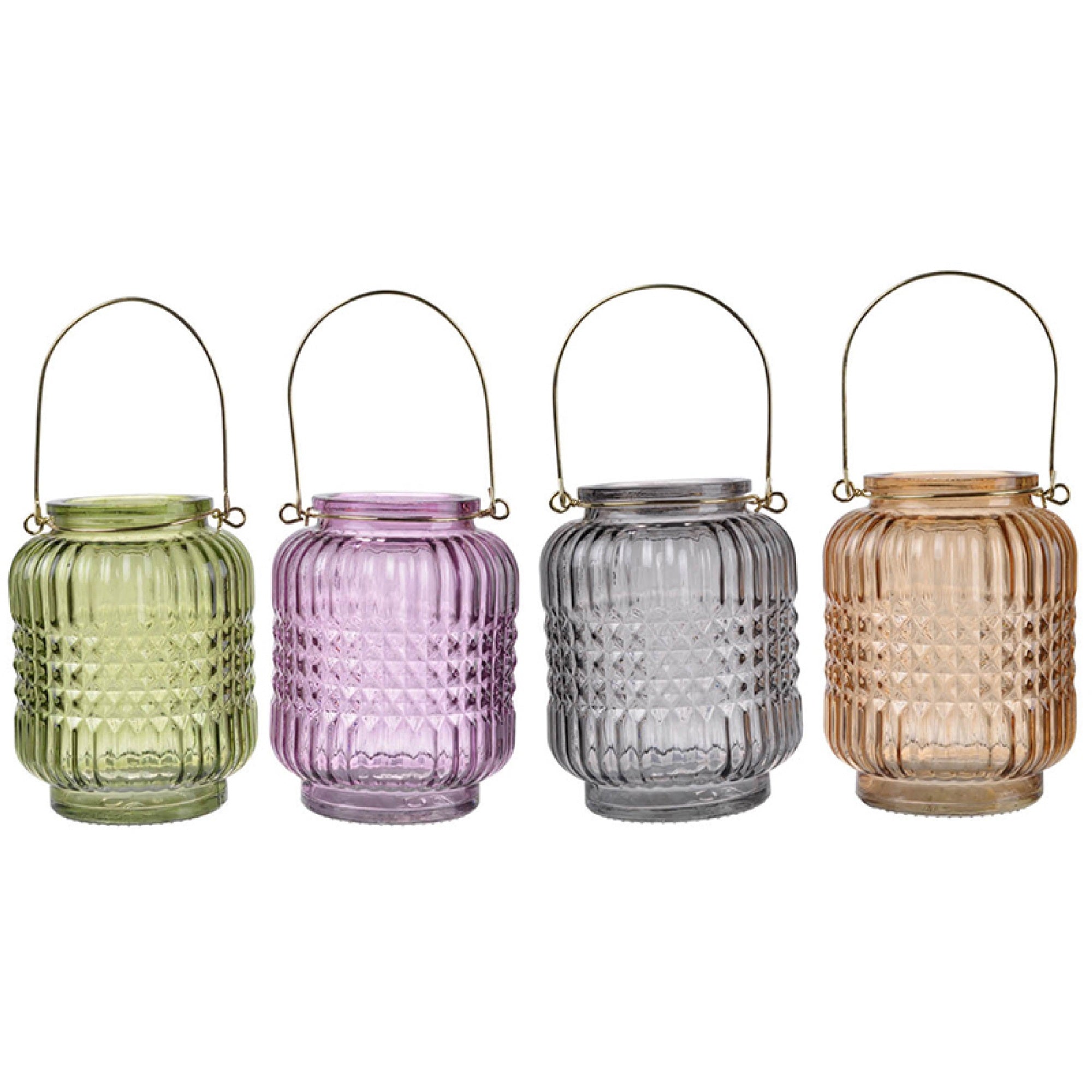 Aly Colorful Candle Holder Set of 4, Cut Glass Jars with Iron Handles