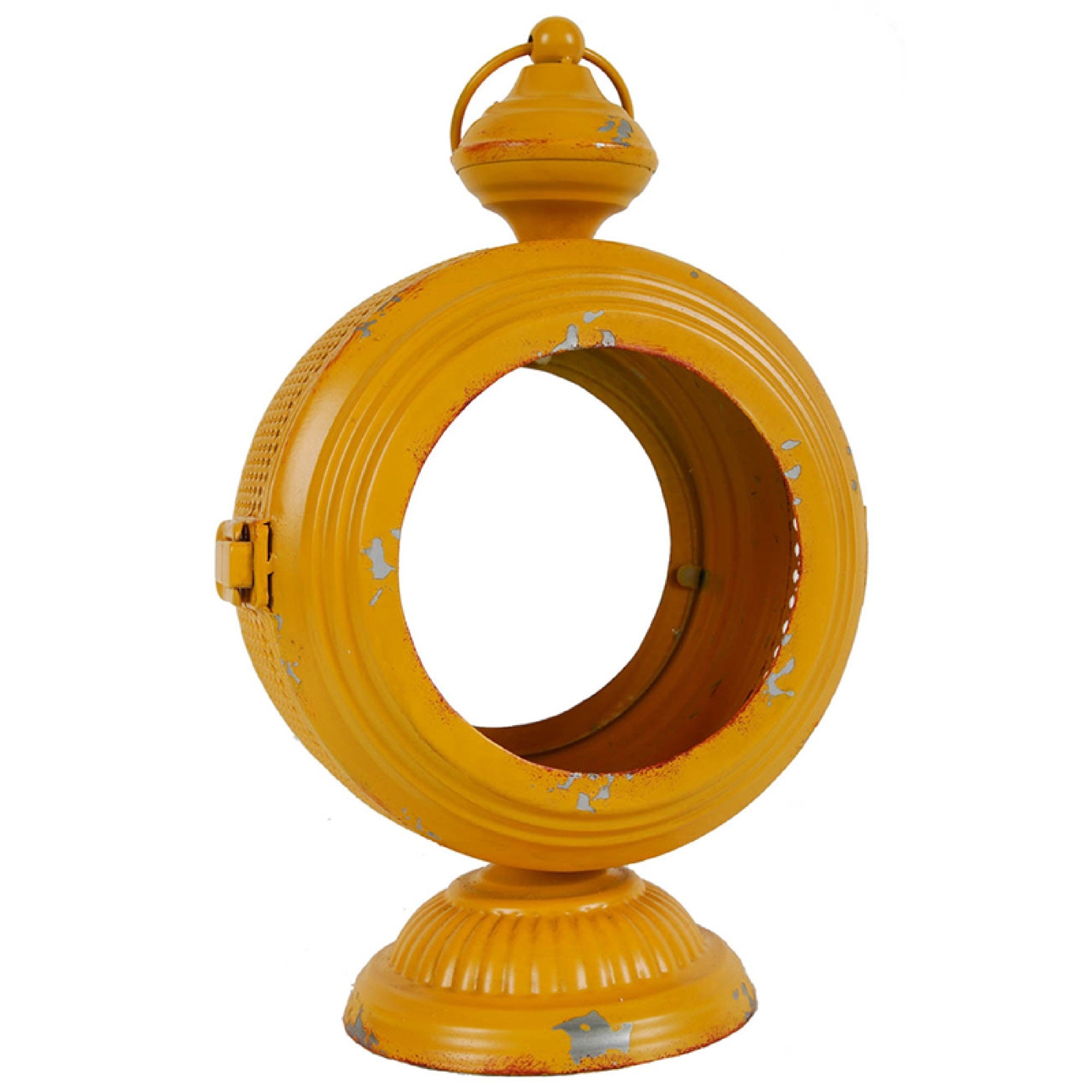 Cia Candle Holder, 13 Inch Round Shape, Yellow Iron with Glass Center