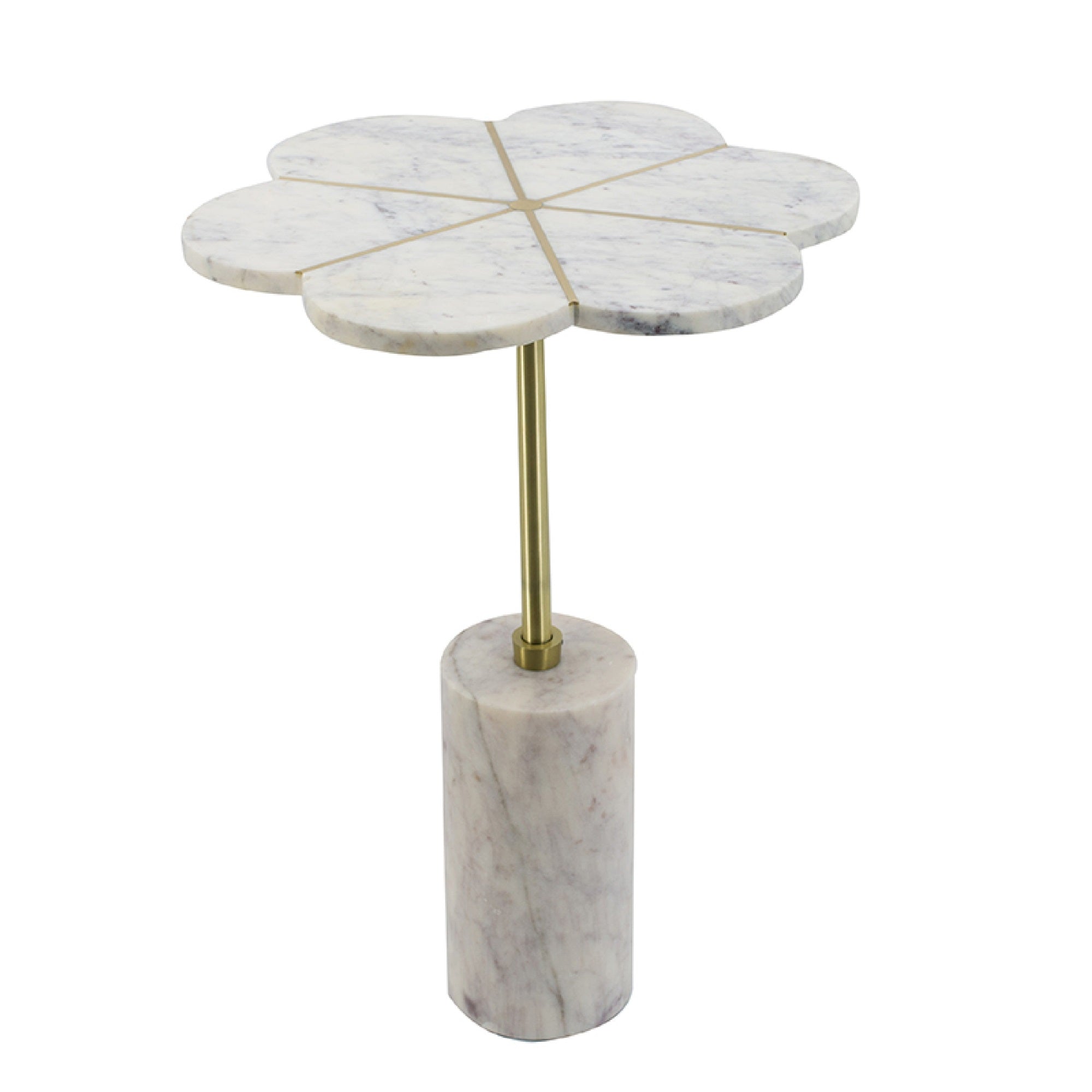 Gony Side End Table, 16 Inch Flower Top, Brass Inlay, White Marble