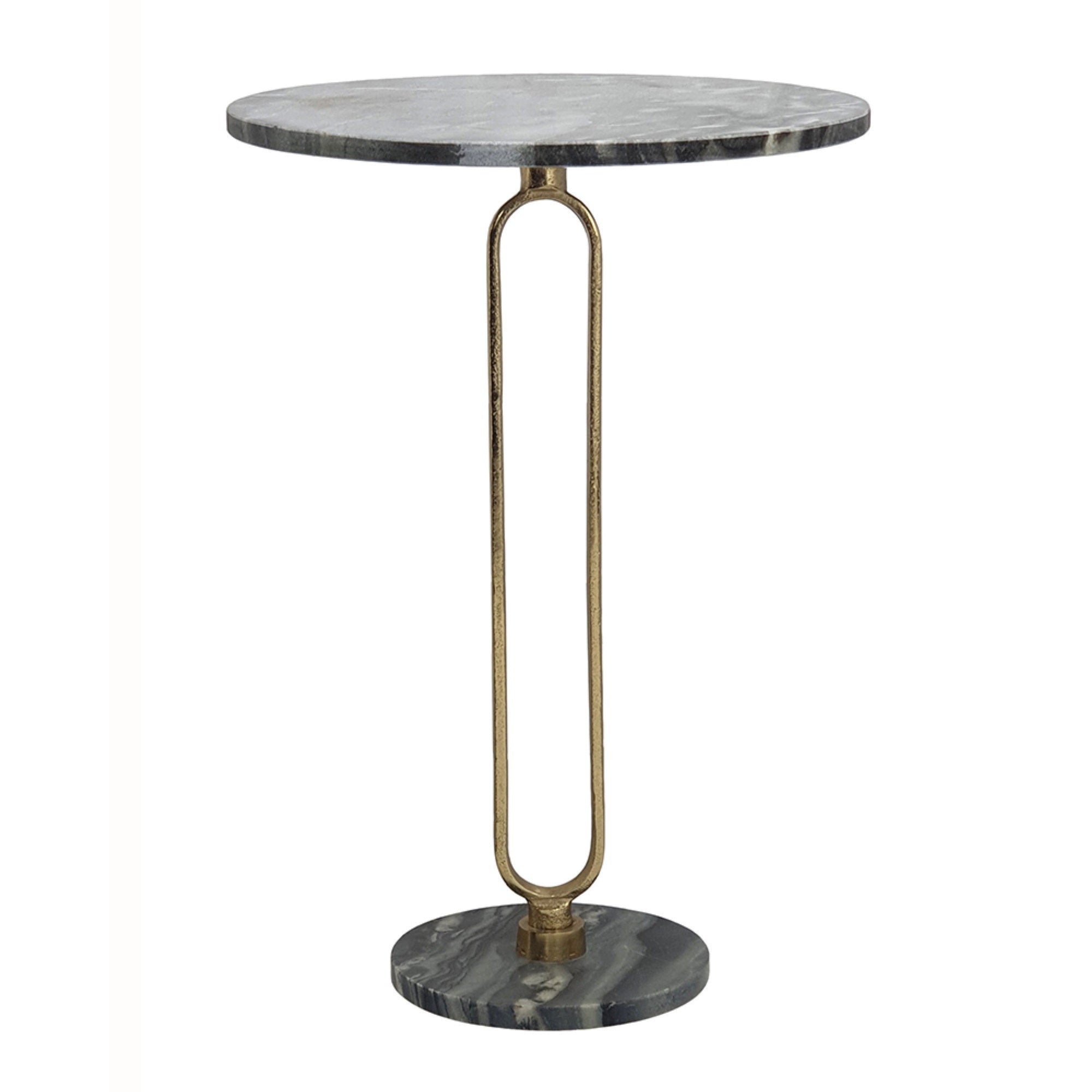 Side End Table, 16 Inch Round Marble Top, U-Shaped Gold Metal Stem, Black