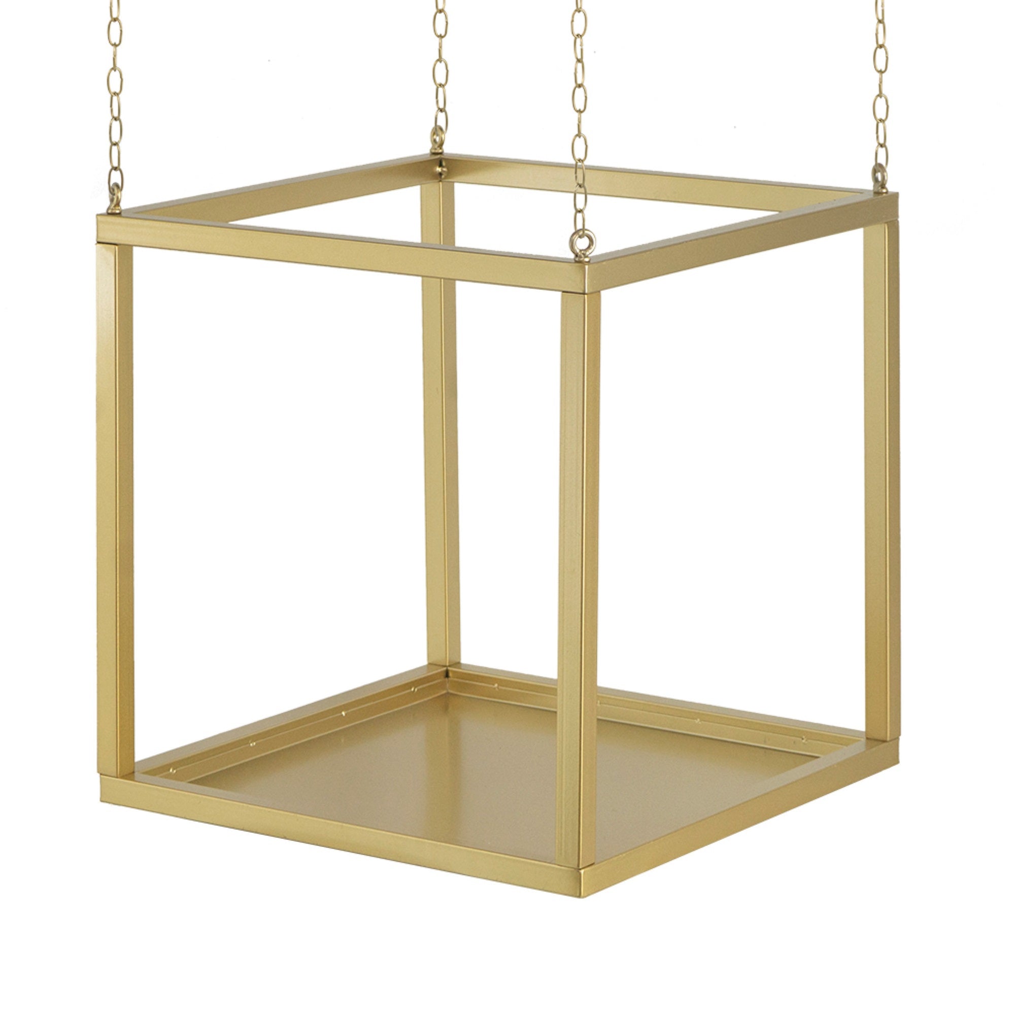 Hanging Open Plant Shelf with Chain, 20 Inch Square Gold Iron Frame
