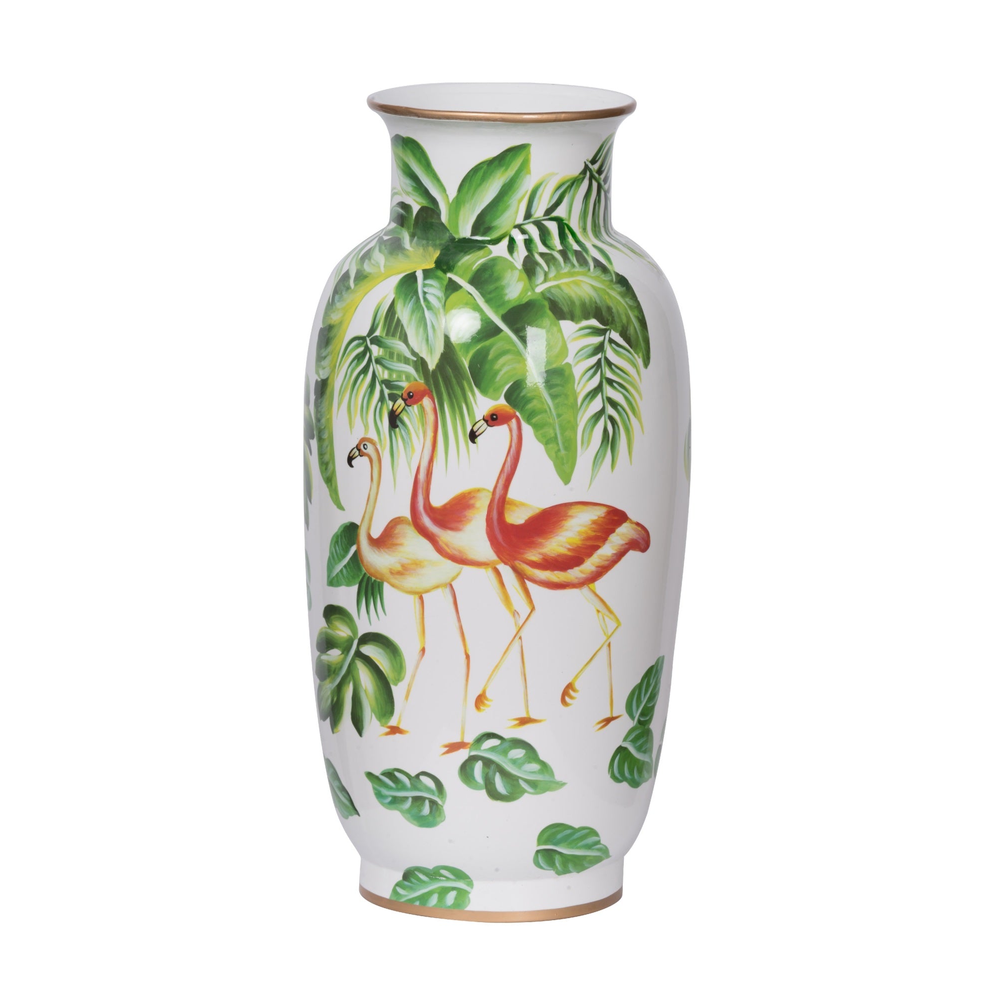 Jesu Decorative Botanical Flamingo Vase, White Green Porcelain, 16 Inch