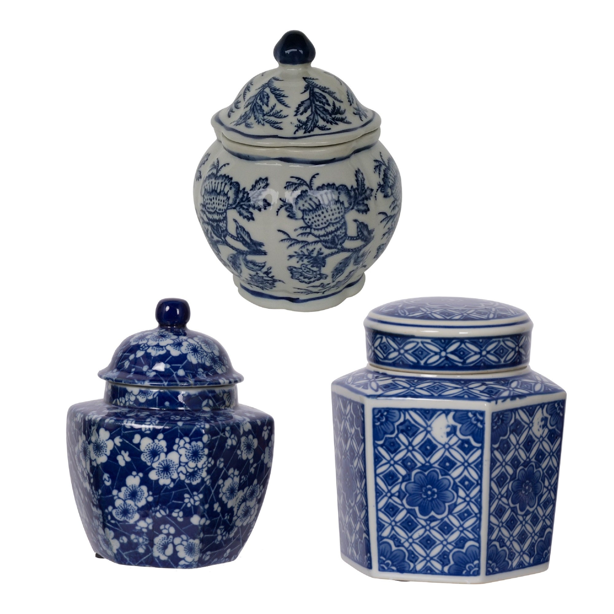 Porcelain Decorative Jars with Lid Set of 3, Blue White Chinoiserie, 6 Inch