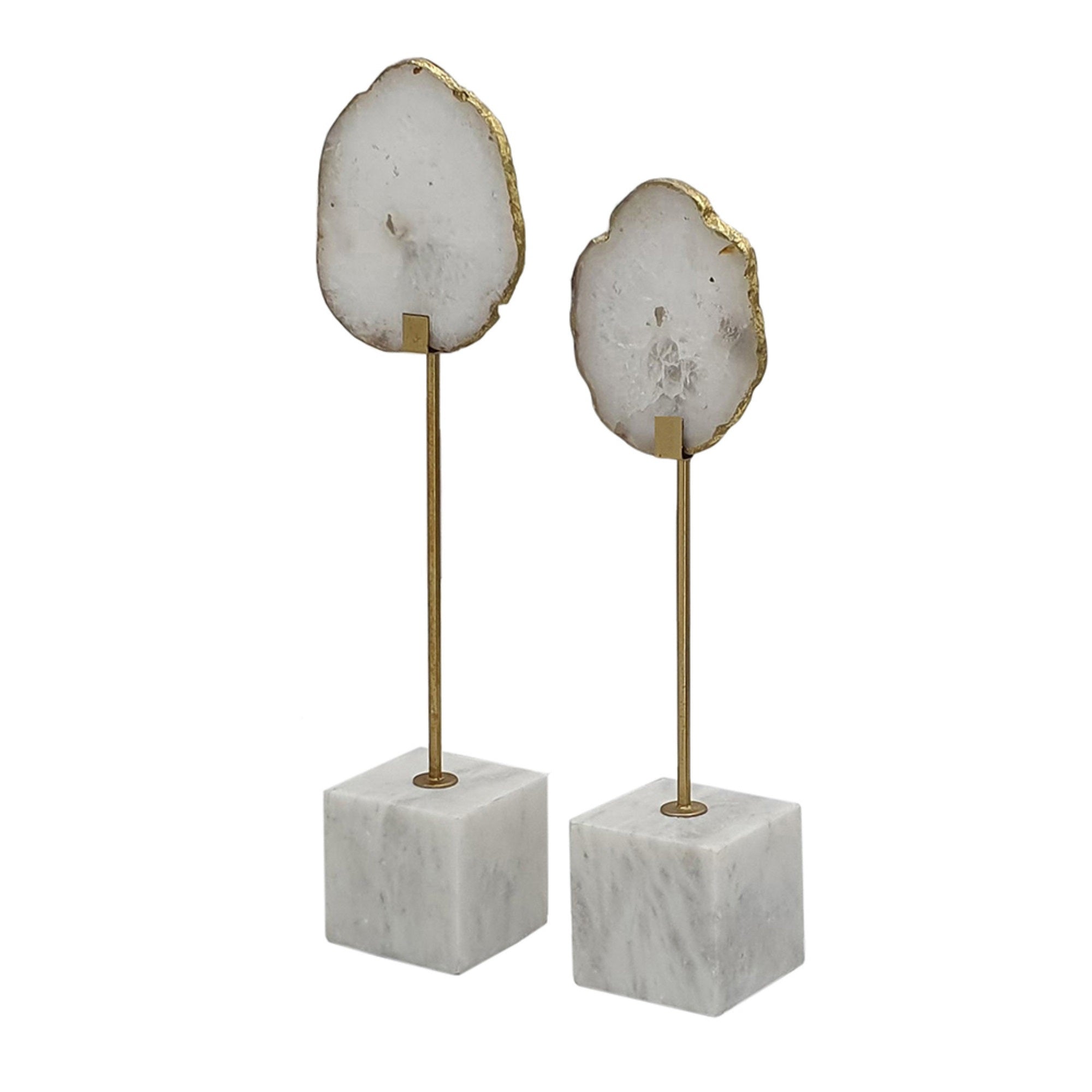 Decorative Statute Set of 2, White Agate Stone and Marble, Gold Accent