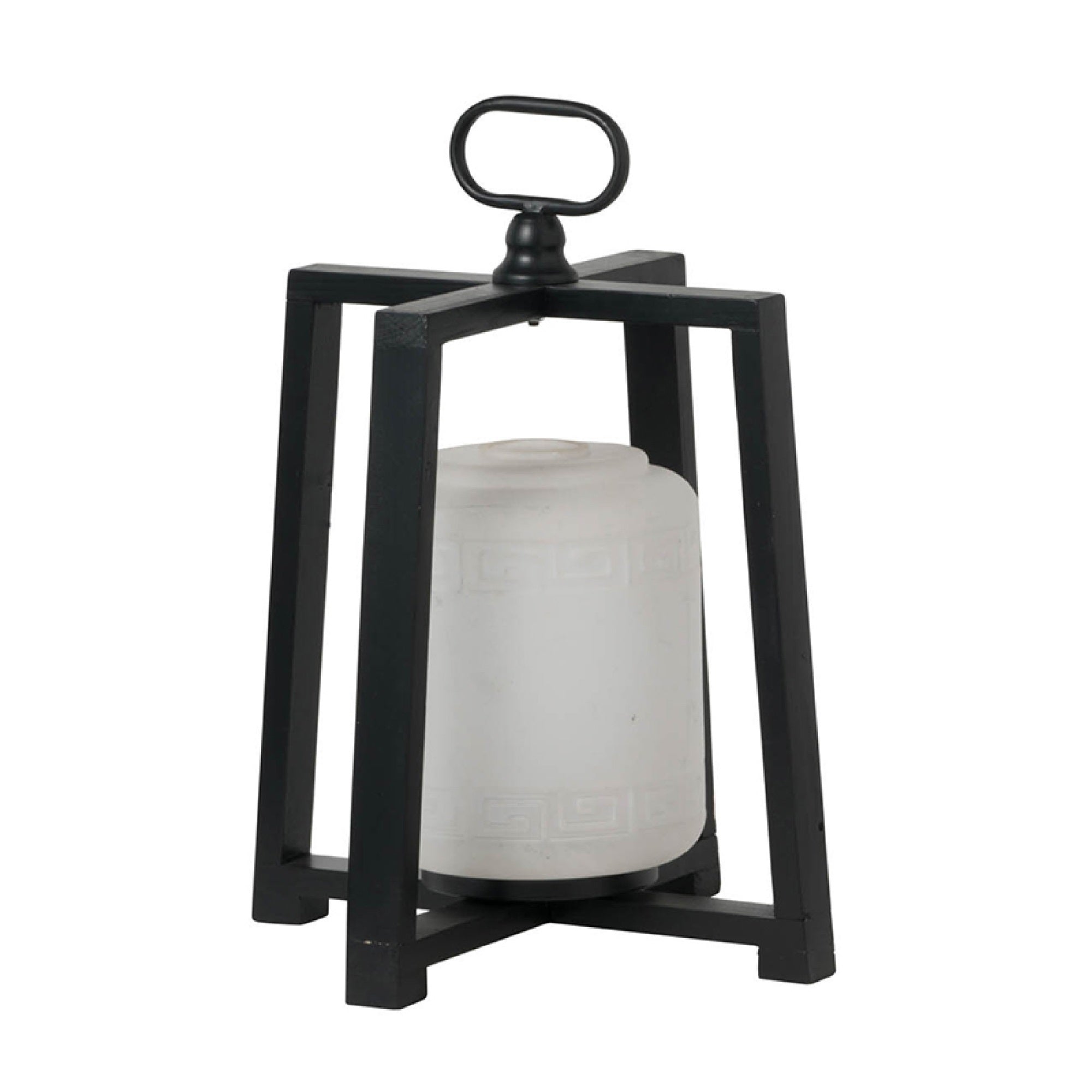 Lantern with White Glass Insert, Fir Wood and Iron Loop, 17 Inch