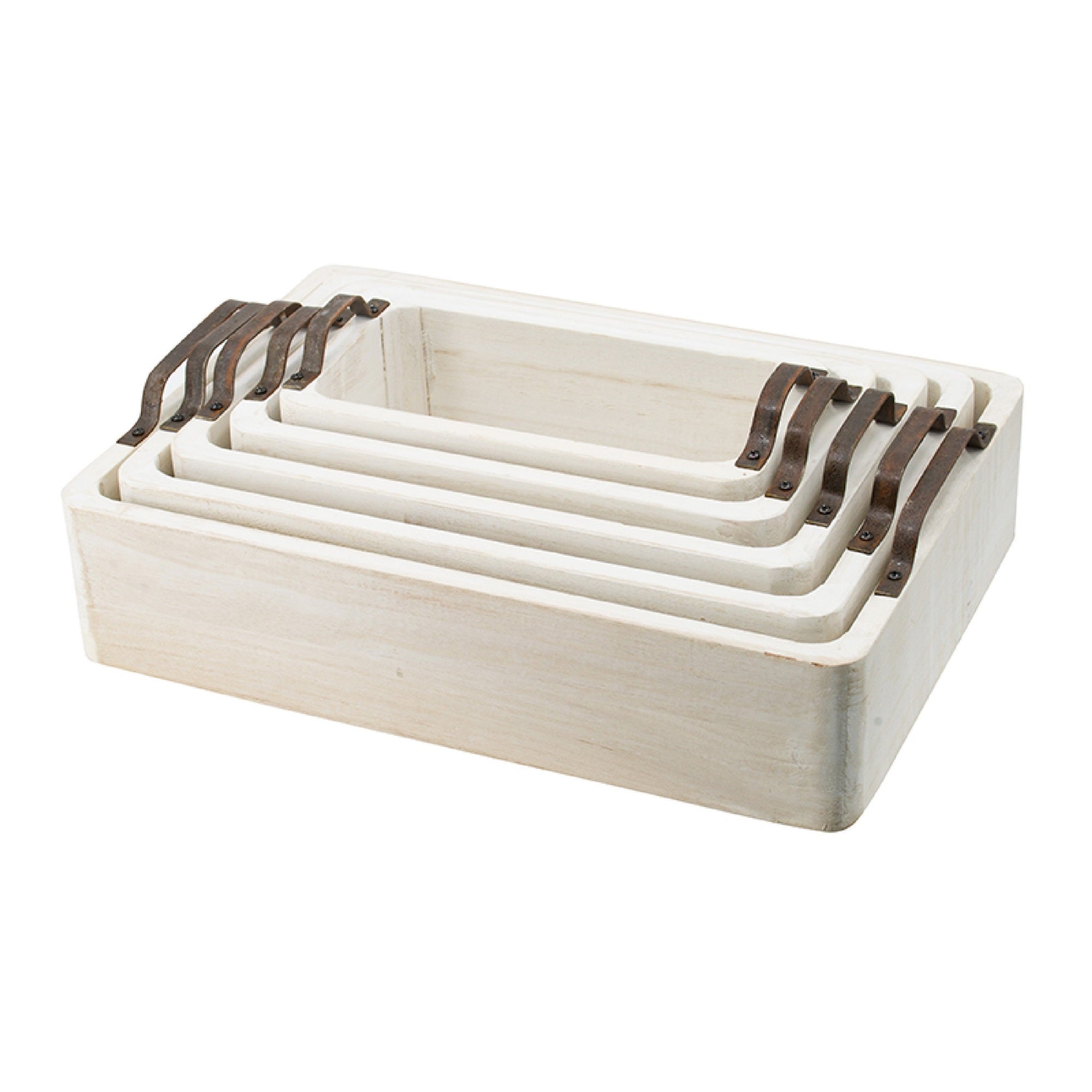Nive Rectangular Nesting Tray Set of 5, Brown Handles, Whitewash Paulownia