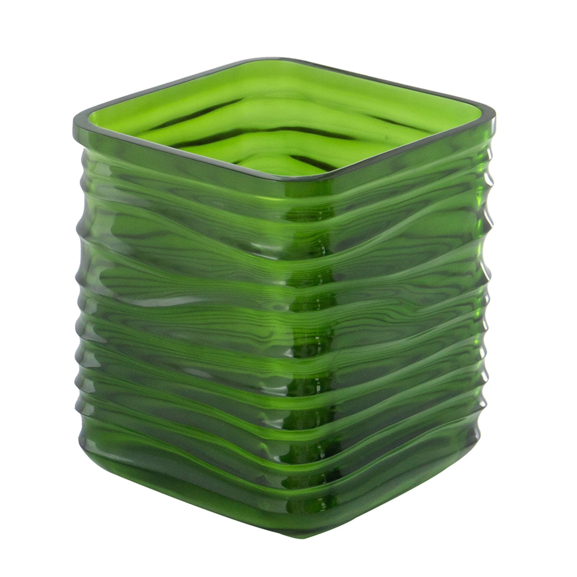 Decorative Vase, Square Shaped Rippled Texture, Green Resin 9 Inch