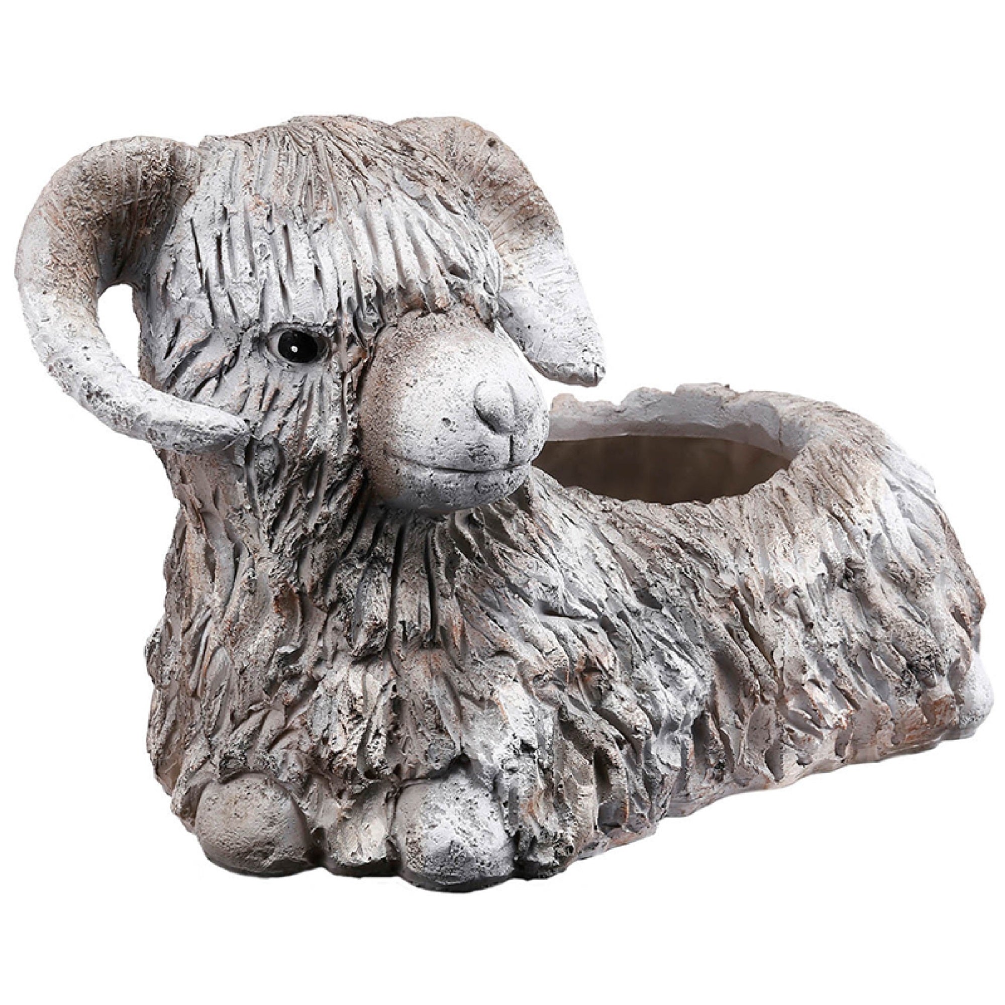 Outdoor Planter, Mountain Sheep Sculpture, Cream and Gray Resin 15 Inch