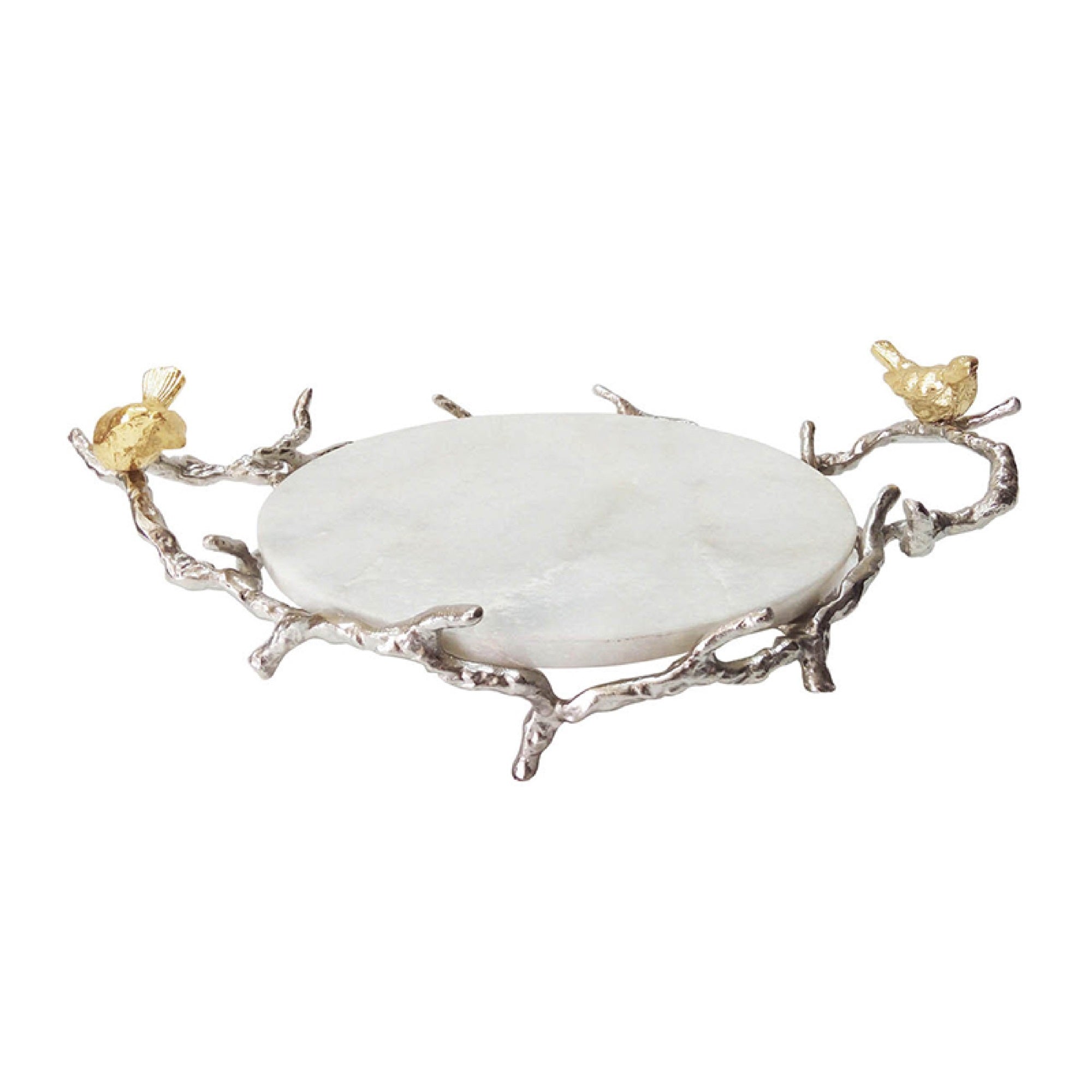 Vada Decorative Tray, Marble Disc, Silver Branch Handles w Birds, 17 Inch