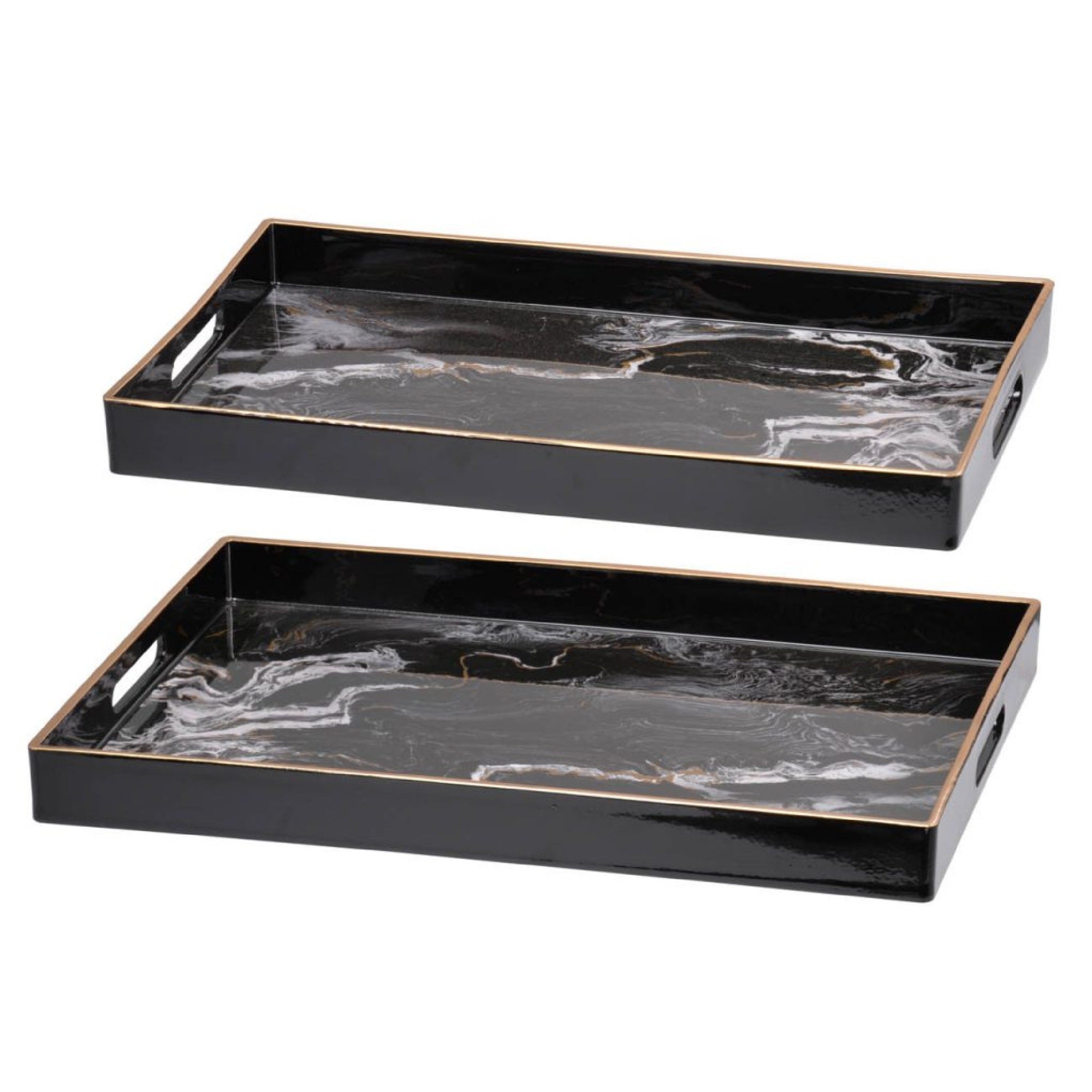 Fara Rectangular Tray Set of 2, Marble Design, Cutout Handle, Black Plastic