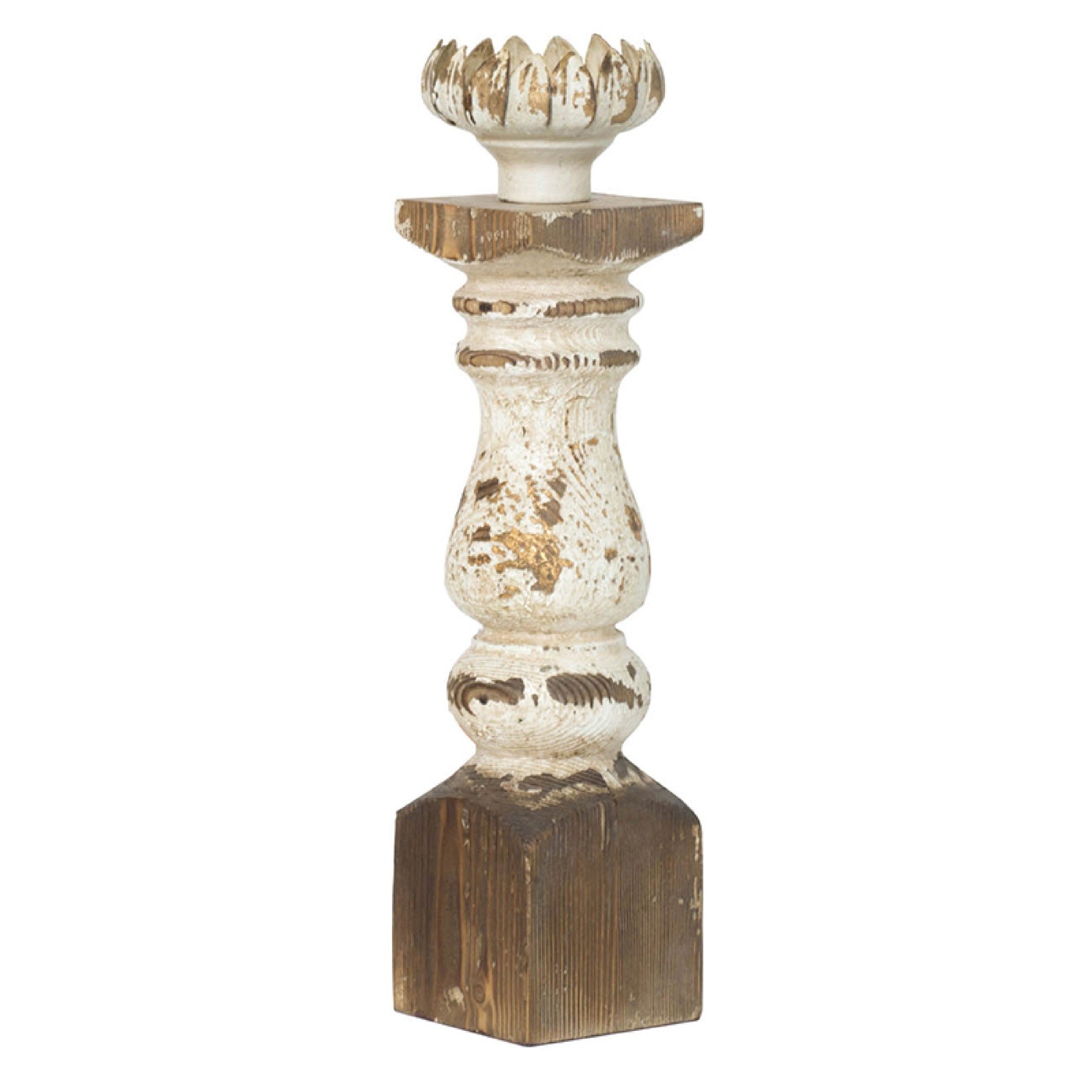 Candle Holder, Lotus Flower Style Top, Turned Body, White Wood 19 Inch
