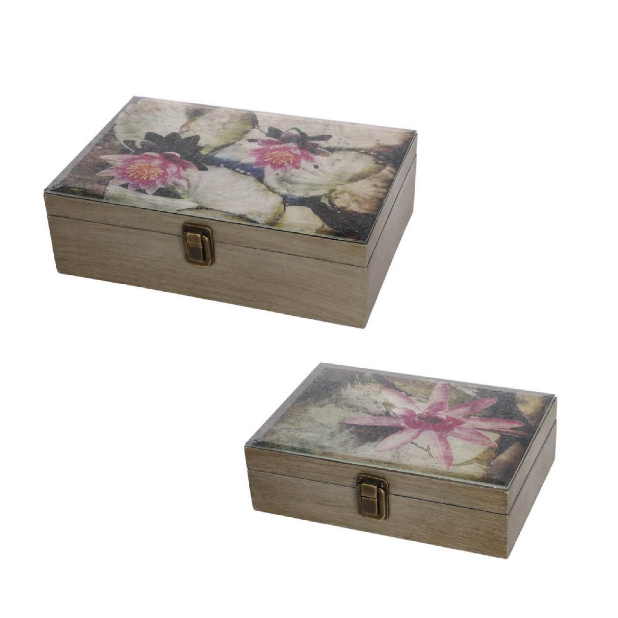 Storage Boxes Set of 2, Floral Glass Top with Distressed Brown Wood