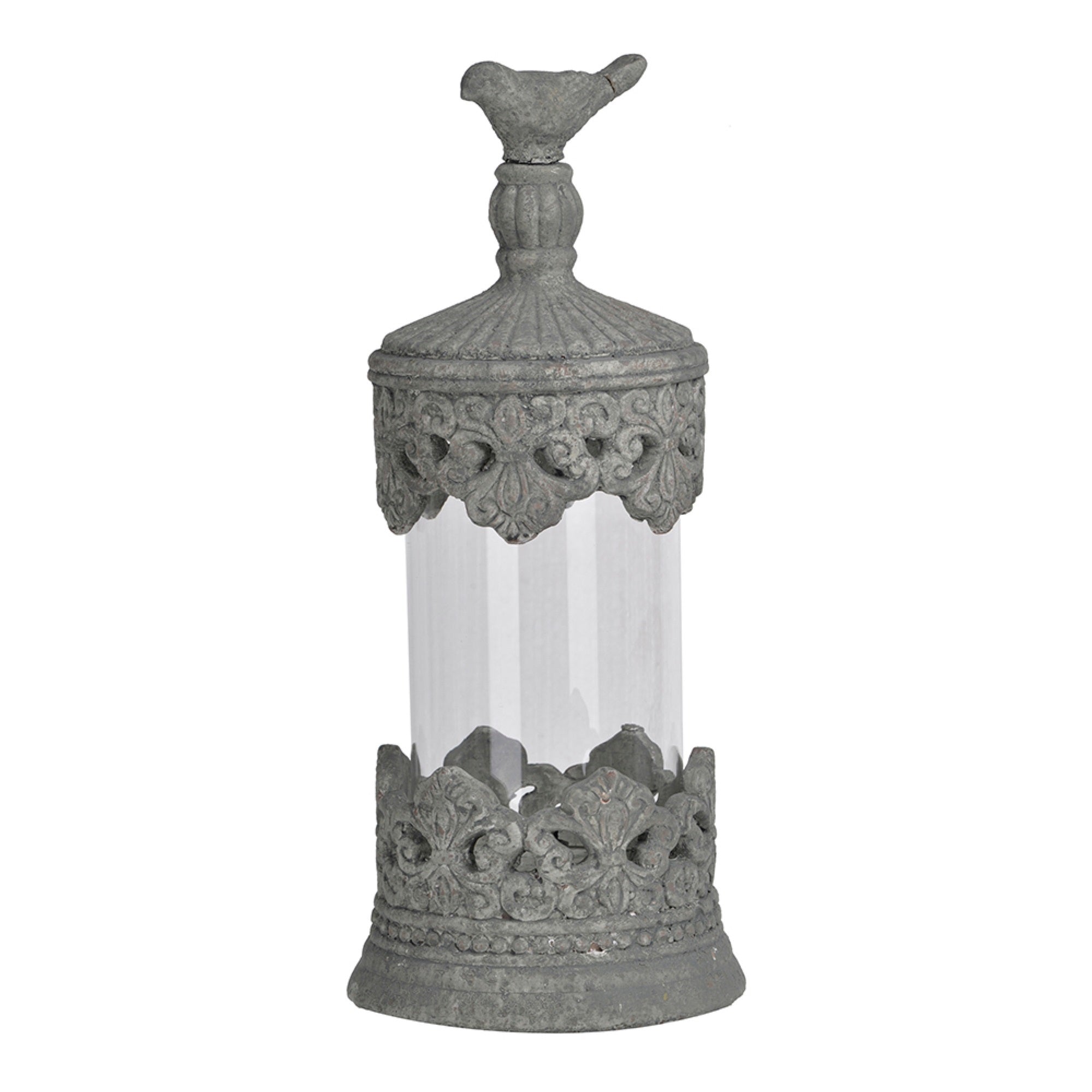 Floating Fleur Glass Jar, 13 Inch Gray Bird Accent, Ornate Cement Lid