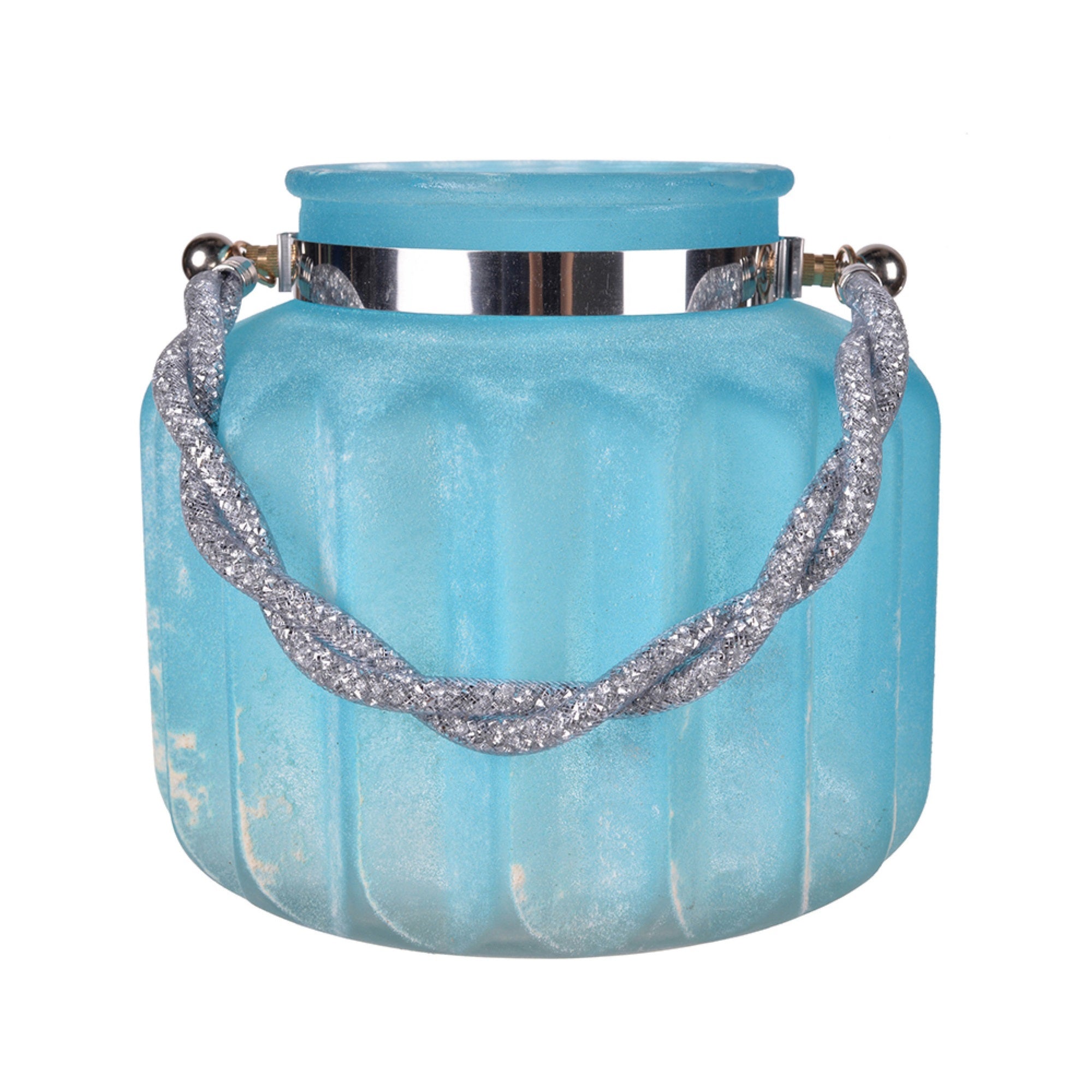 Fsy Decorative Vase, Silver Handle, Light Blue Frosted Glass, 8 Inch