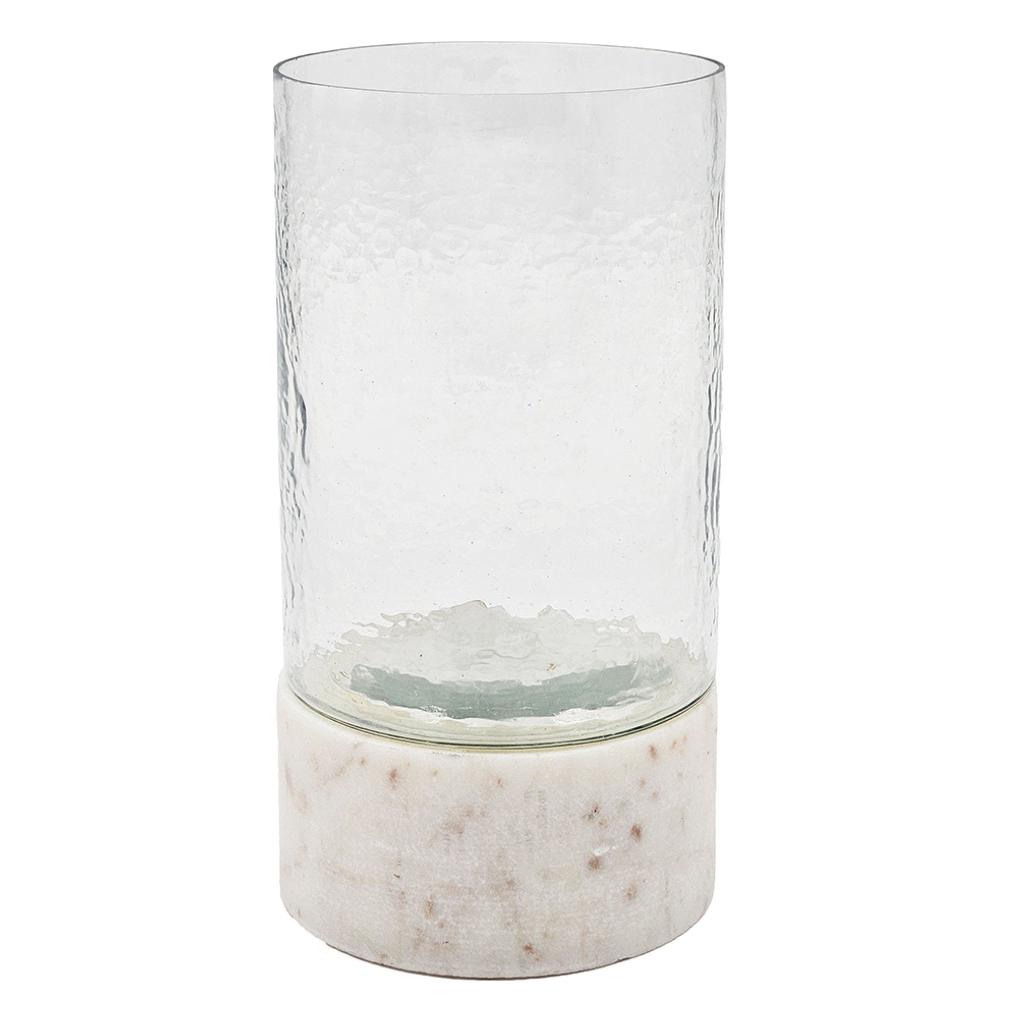Candle Holder with Textured Glass Shade, White Coastal Stone Base, 8 Inch