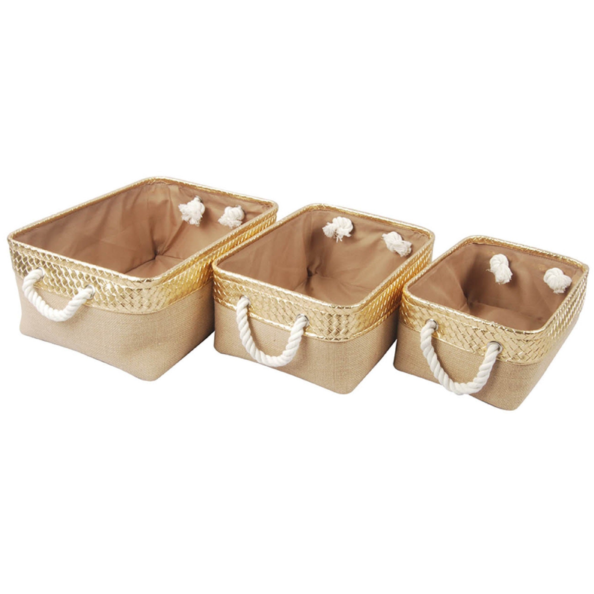 Nesting Basket Set of 3, Rope Handles, Gold Accents, Brown Jute Fabric