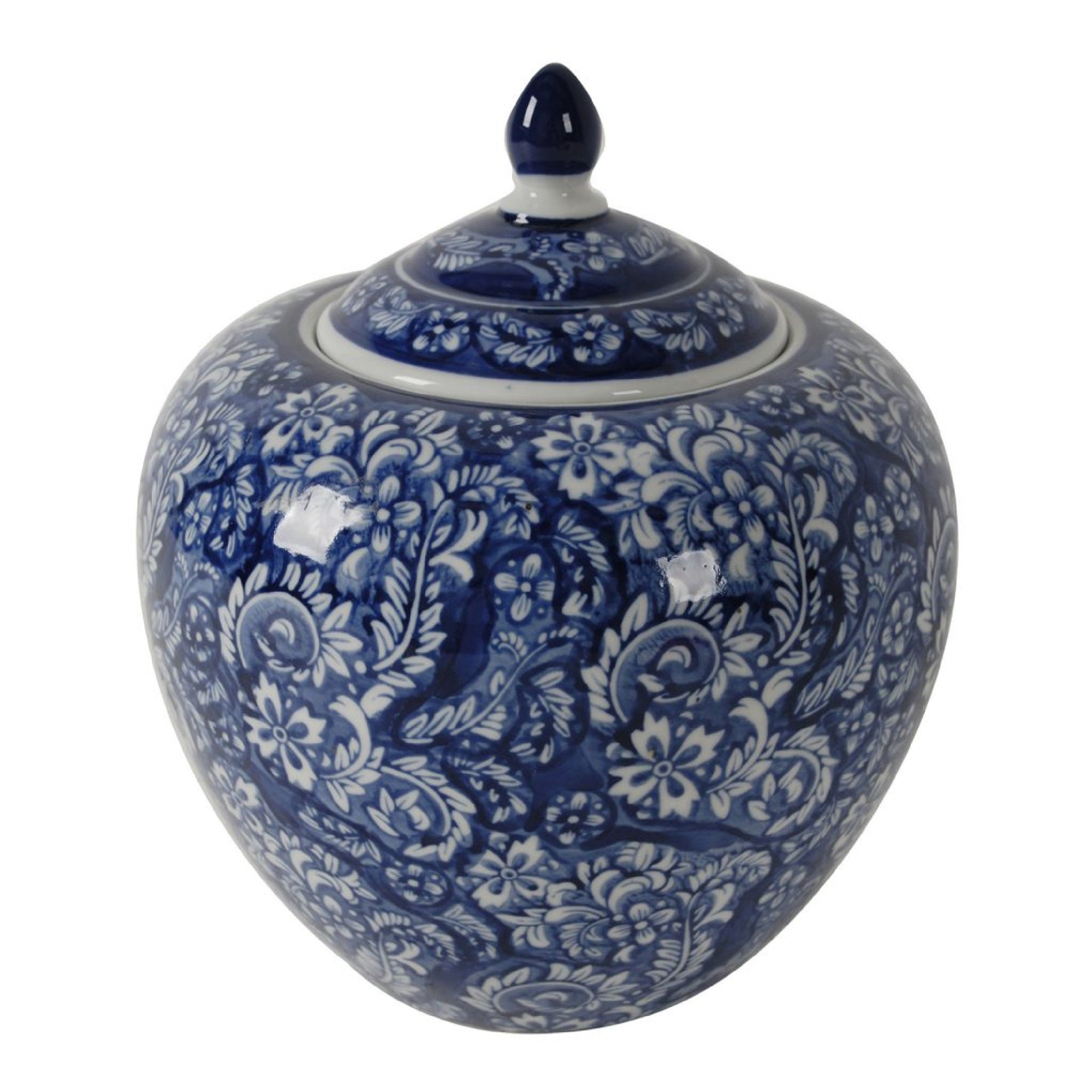 Ginger Jar with Finial, Persian Floral Print, White Blue Porcelain, 10 Inch