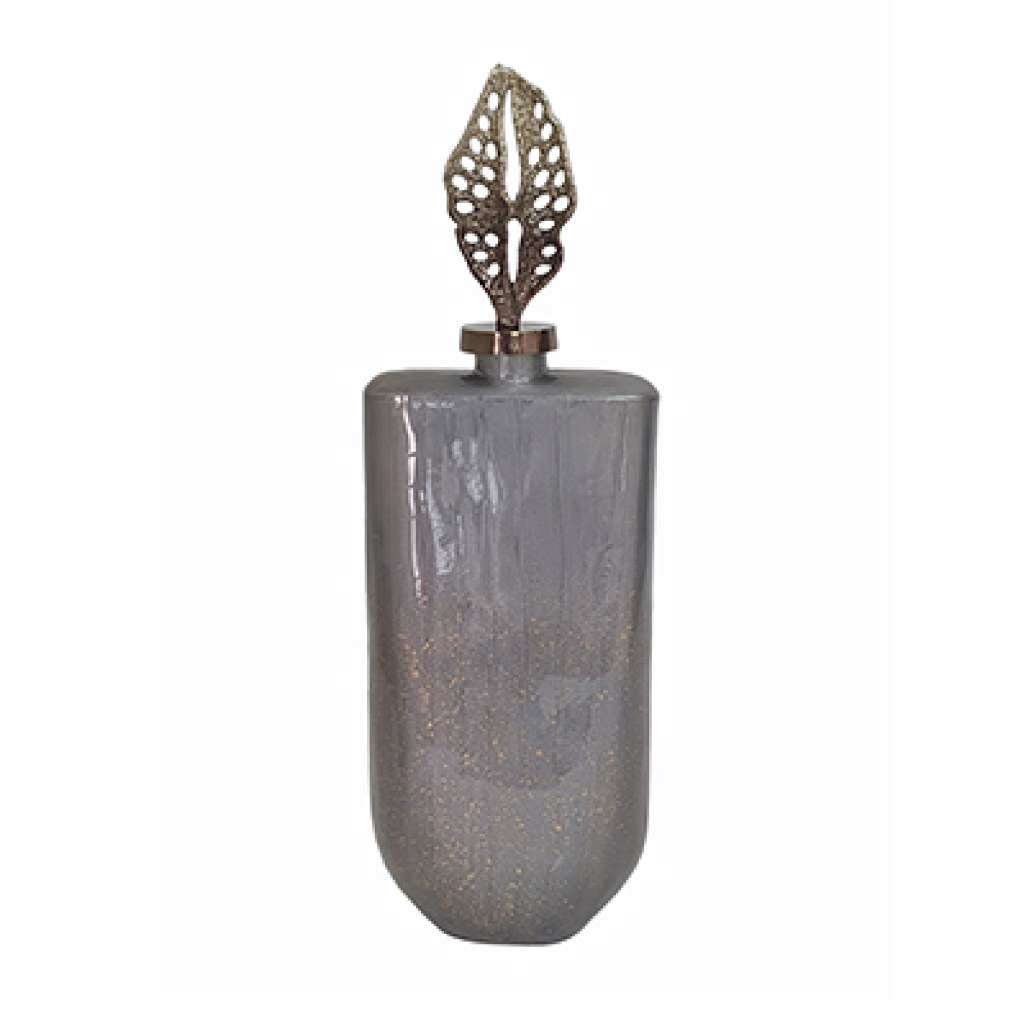 Decorative Bottle with Sculpted Gold Leaf Lid, 23 Inch Gray Glass