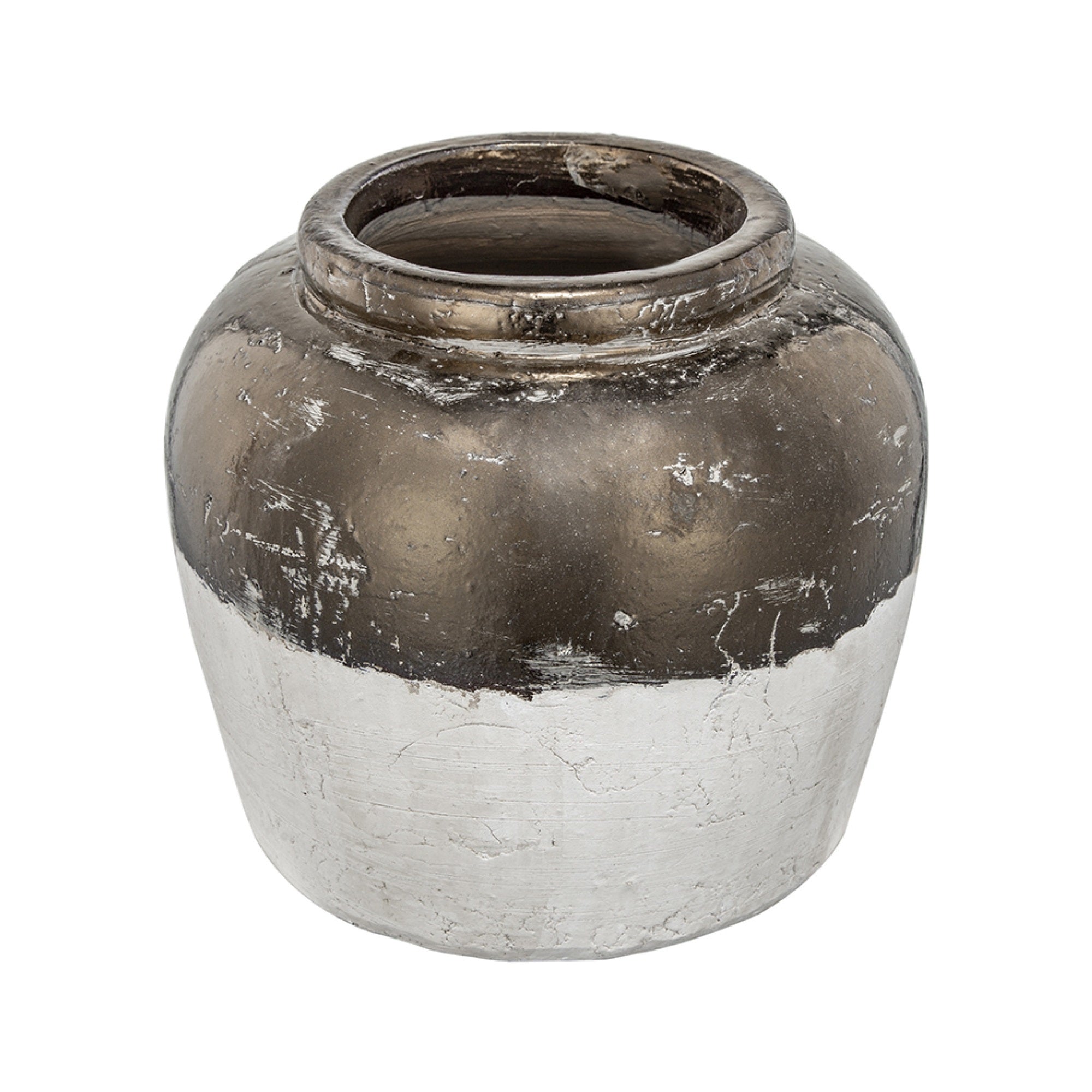 Accent Flower Vase, Rustic Bronze and Silver Terracotta, 13 Inch Round