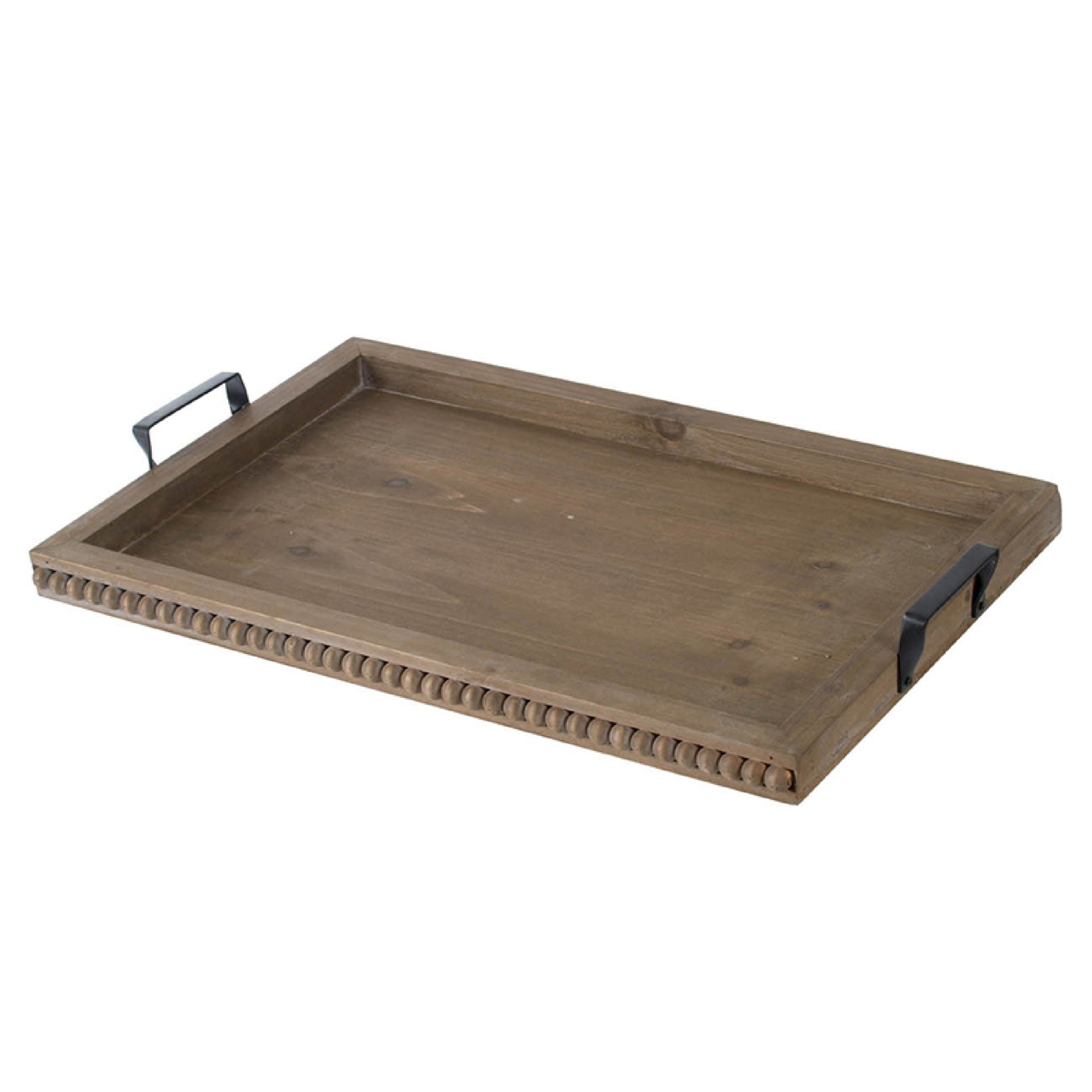Liy 24 Inch Decor Serving Tray, Beaded Frame, Fir Wood, Metal Handles
