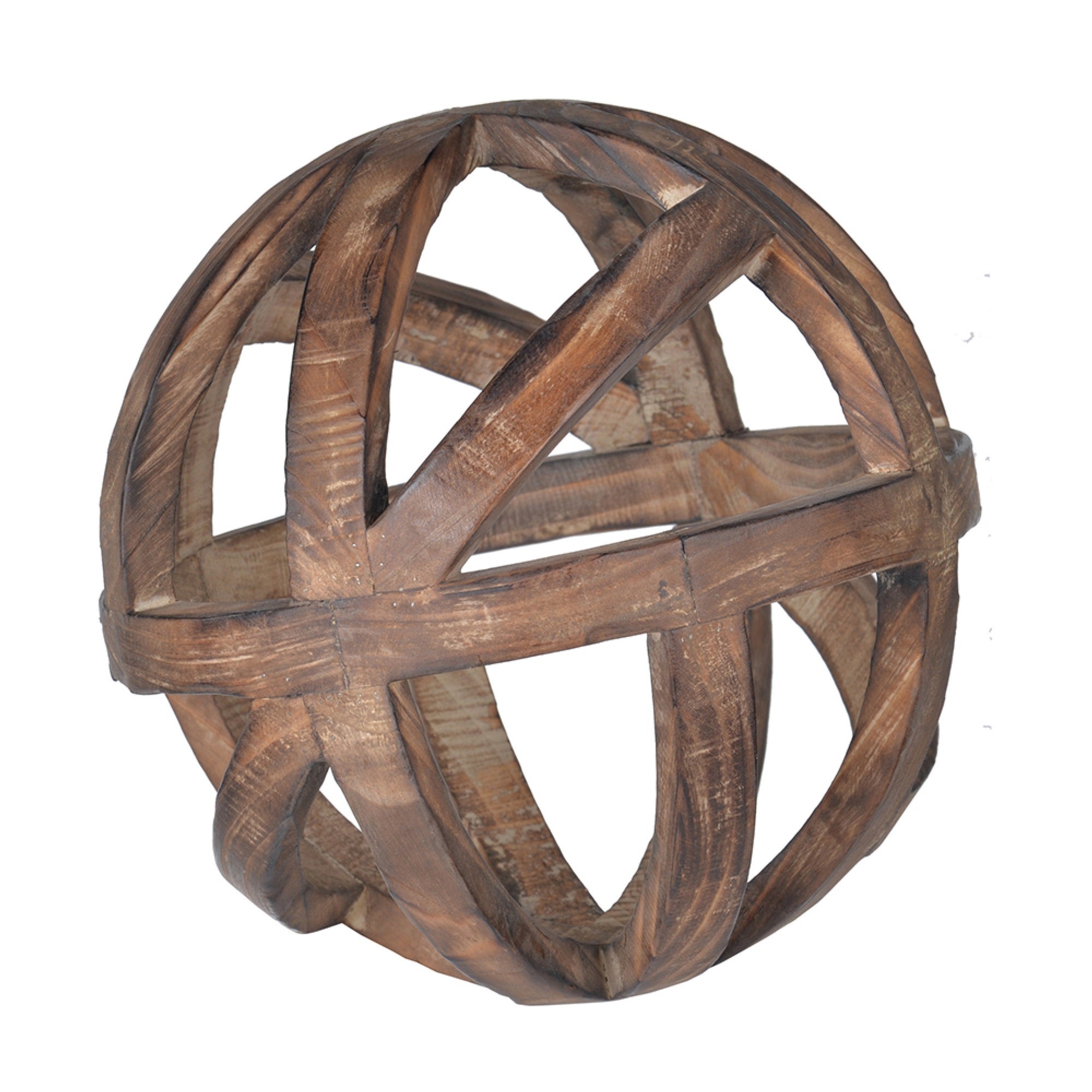 Decorative Orb Ball Wheel, 10 Inch Natural Brown Carved Fir Wood