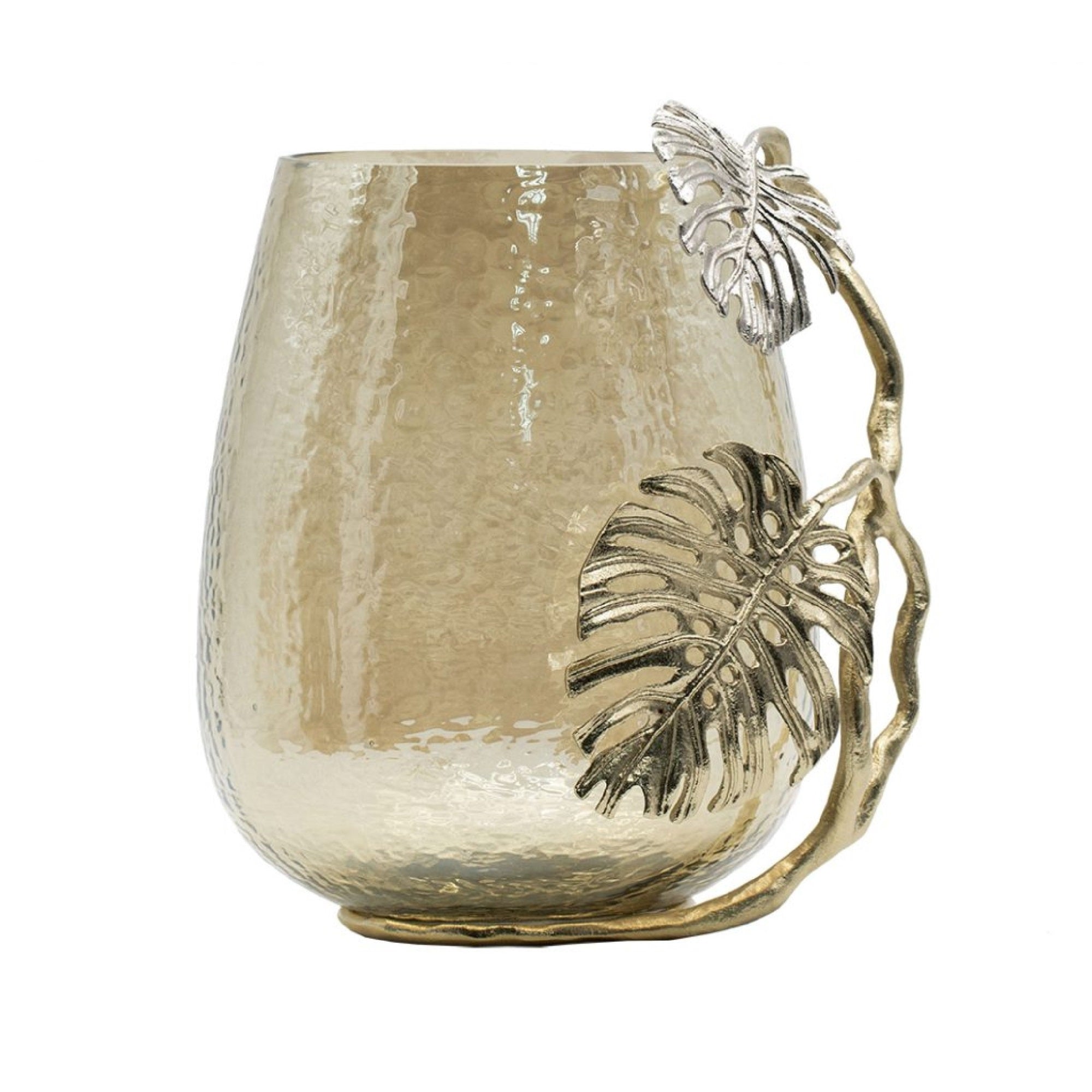 Azra Decorative Vase with Aluminum Leaf Handle, Gold-Silver Glass 11 Inch