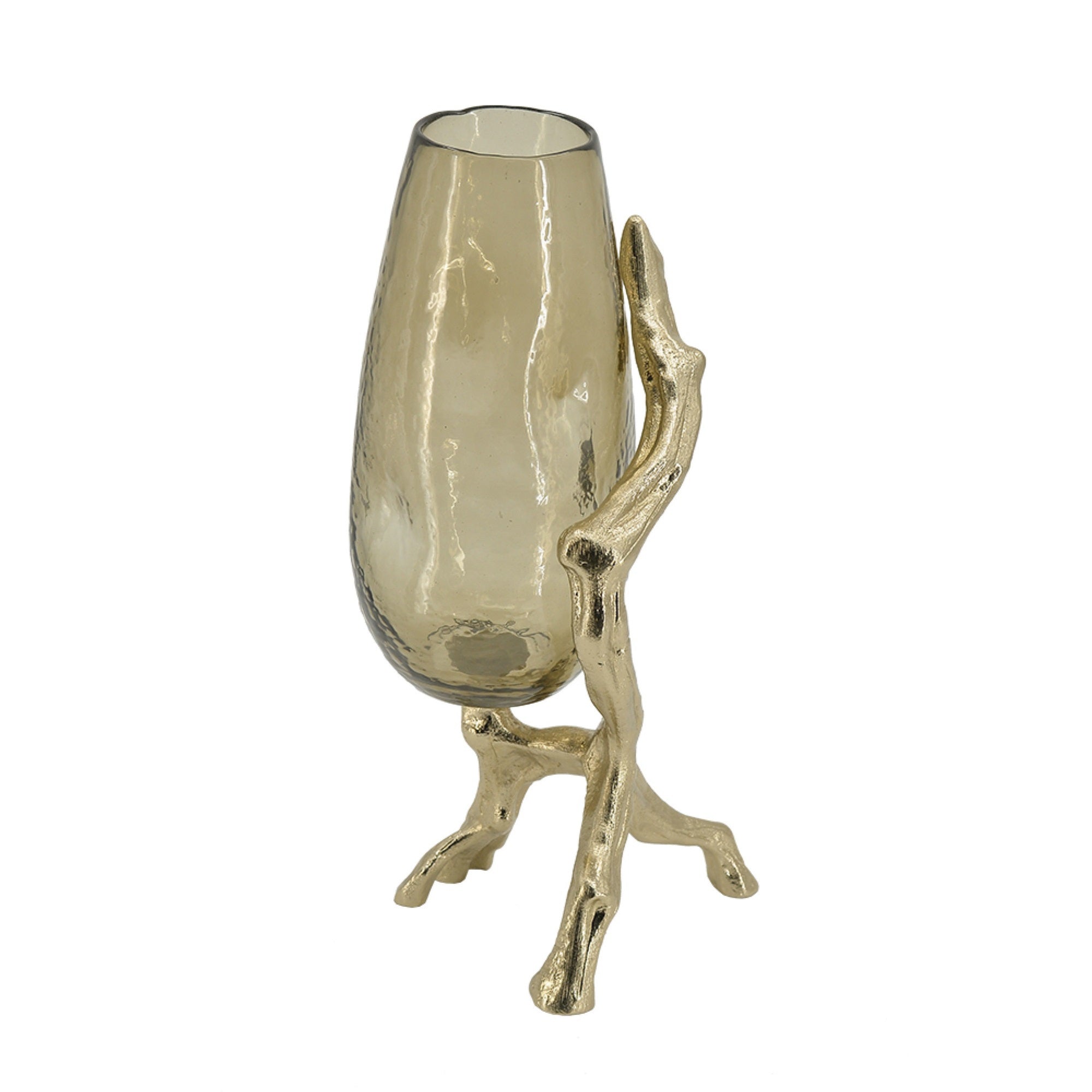 Dyna Decorative Vase with Branch Style Base, Aluminum, Gold Glass 18 Inch