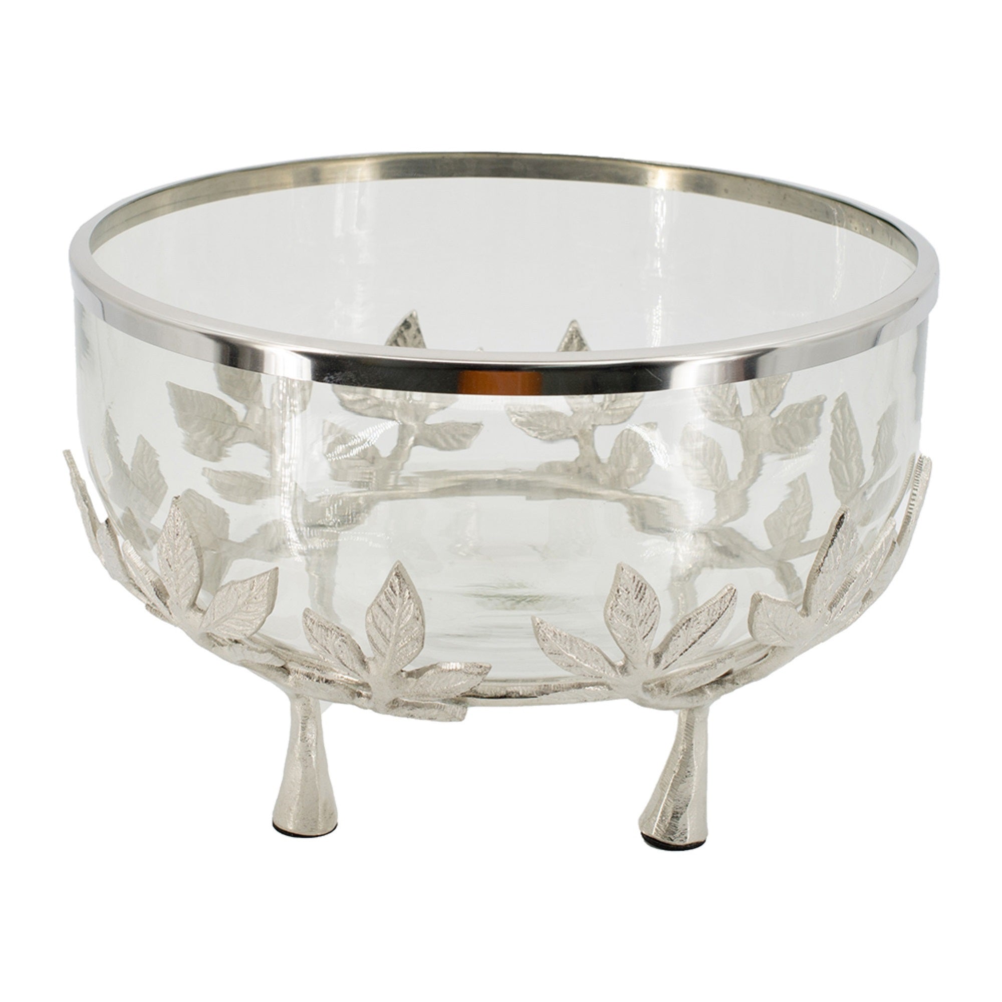 Dyna 13 Inch Bowl with Fine Glass and Floral Silver Aluminum Stand, Elegant